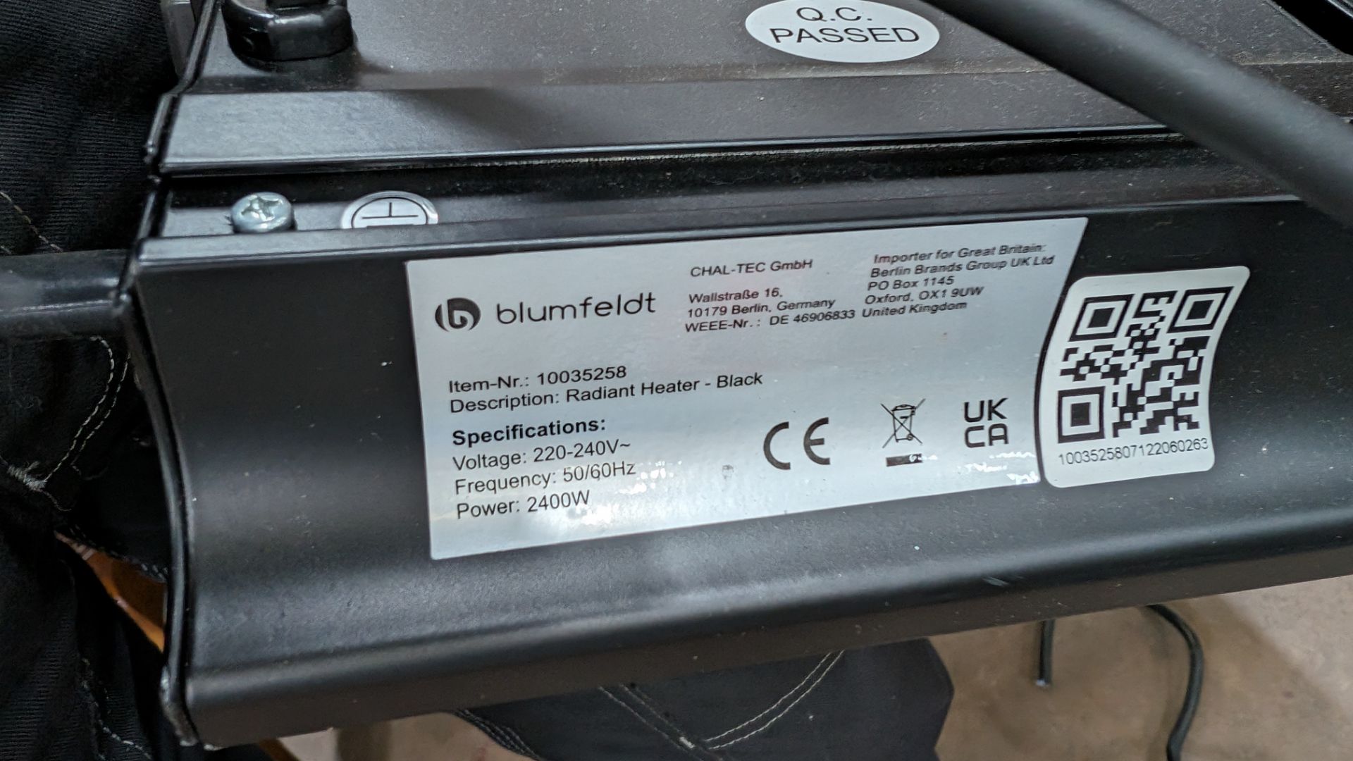 Blumfeldt large radiant heater model 10035258, 2400w. NB: No remote - Image 4 of 4