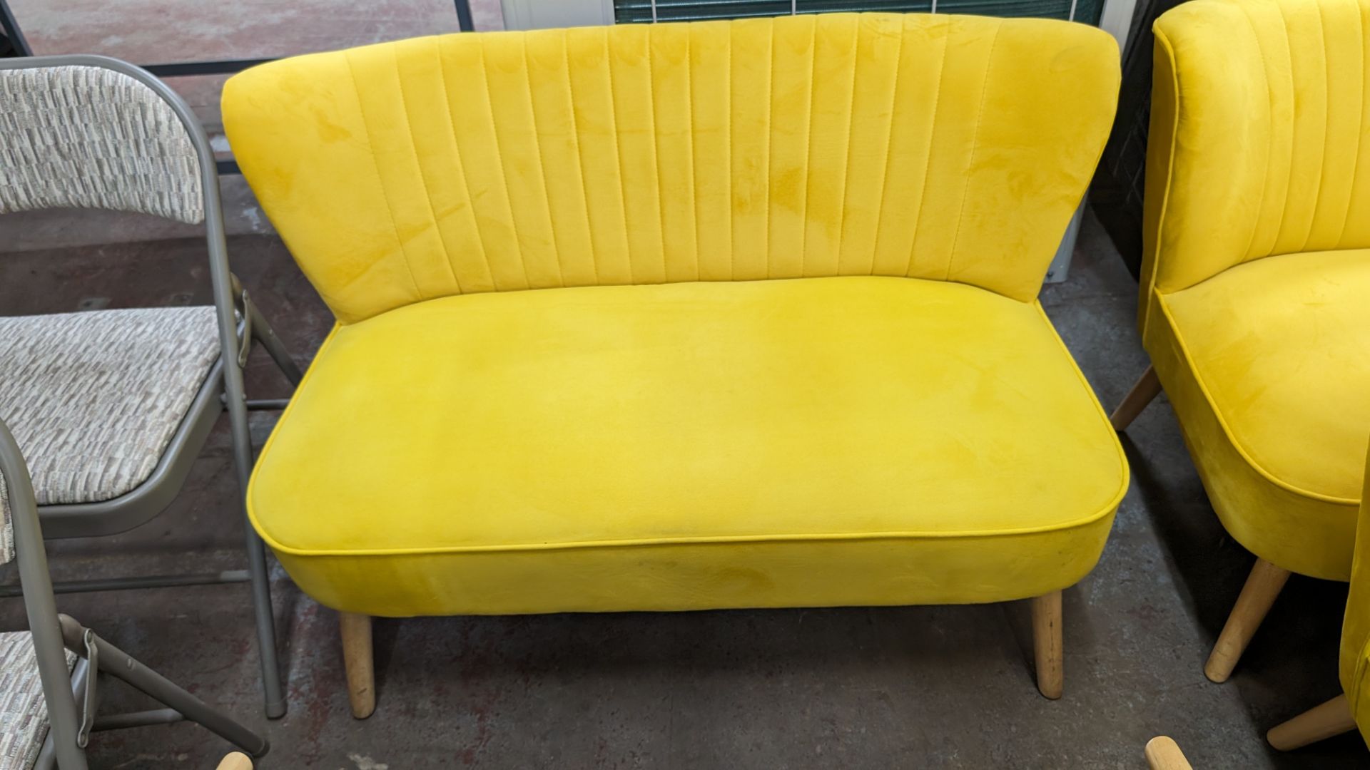 Pair of mustard yellow velour two-person small sofas, each measuring approximately 1120mm wide - Image 5 of 6