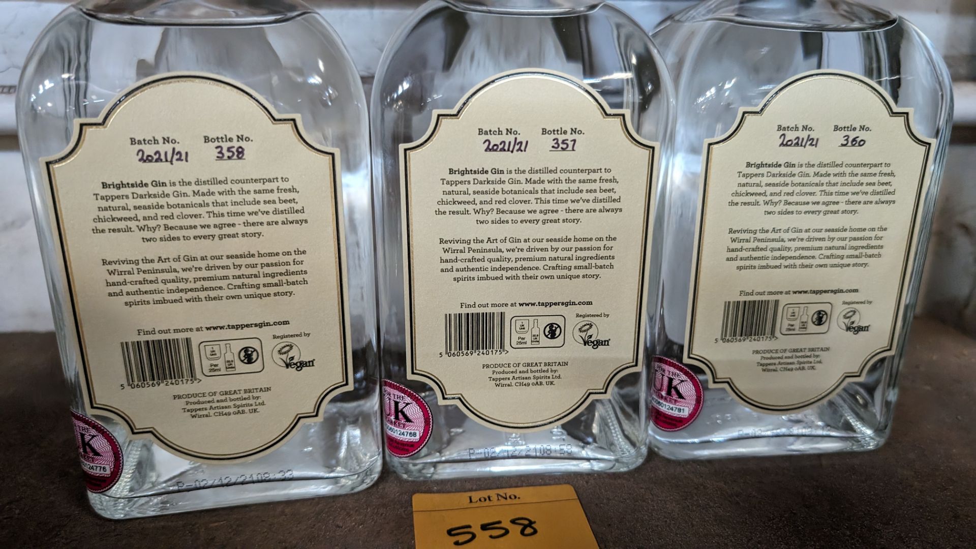 3 off 700ml bottles of Tappers 47% ABV Brightside Coastal London Dry Gin. Individually numbered bot - Image 4 of 4