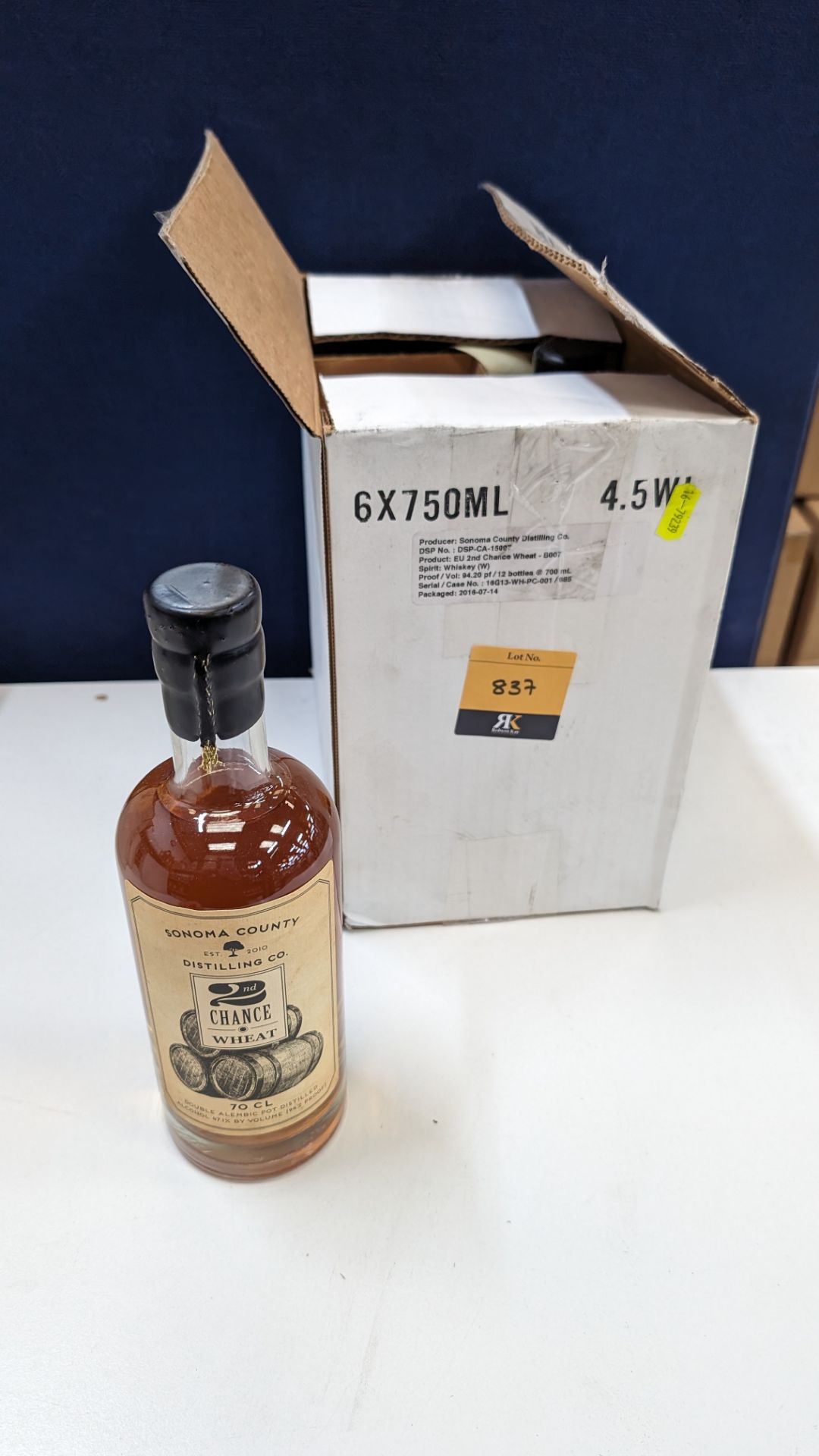 6 off 700ml bottles of Sonoma County 2nd Chance Wheat Double Alembic Pot Distilled Whiskey. In white