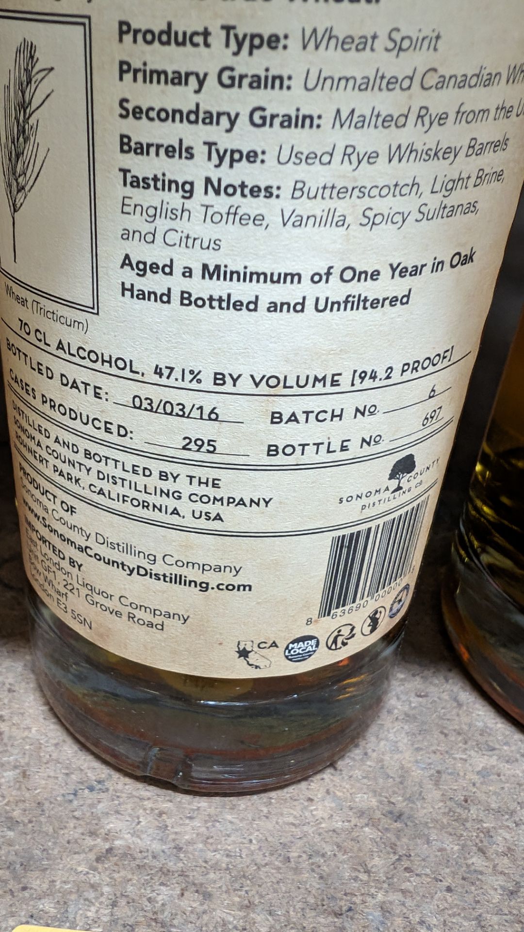 1 off 700ml bottle of Sonoma County 2nd Chance Wheat Double Alembic Pot Distilled Whiskey. 47.1% al - Bild 5 aus 5