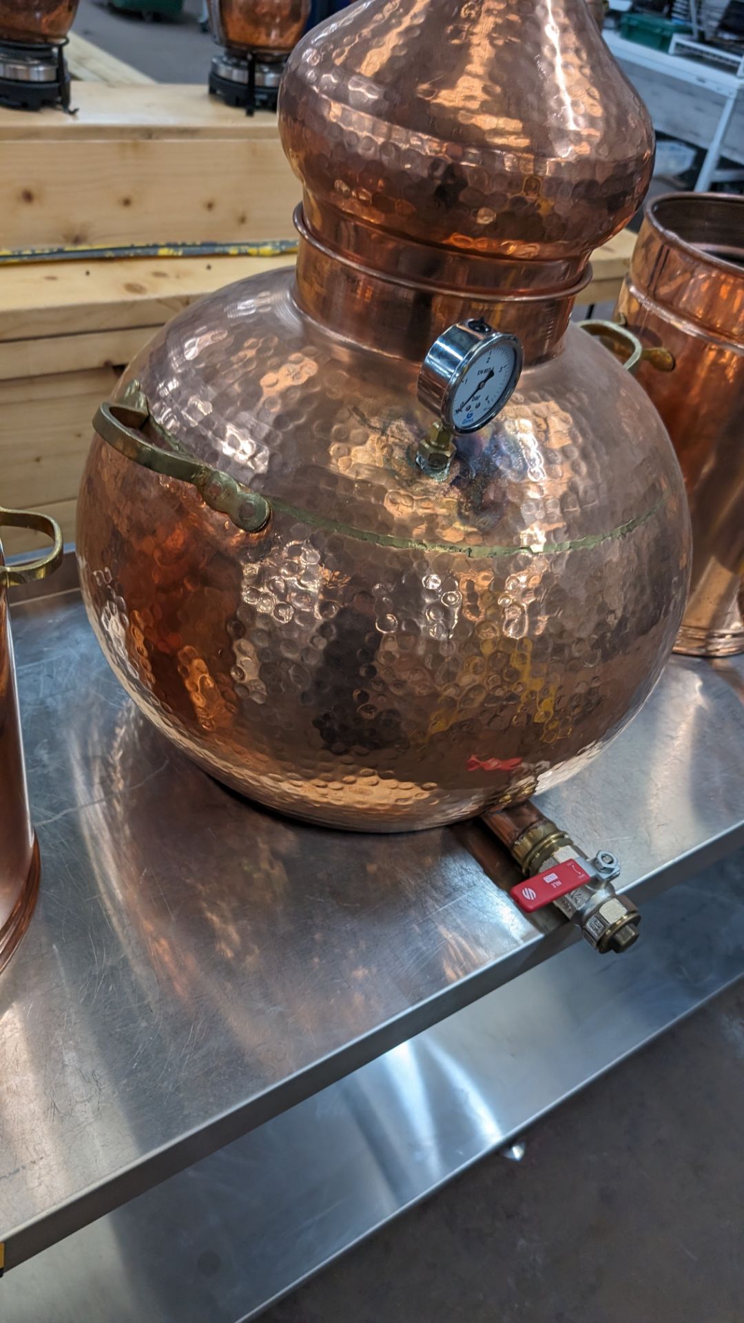 Copper Still with pipework and condenser. Including pressure gauge. Still understood to be 60L cap - Image 7 of 11