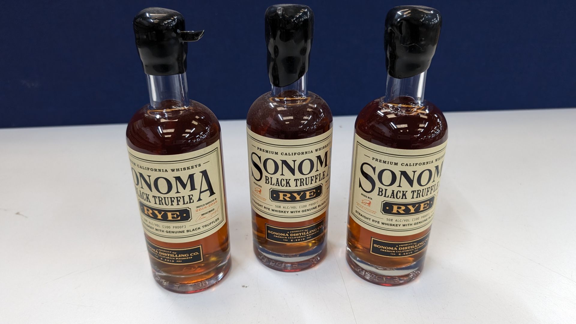 3 off 375ml bottles of Sonoma Black Truffle Rye Whiskey. 50% alc/vol (100 proof). Straight rye whi