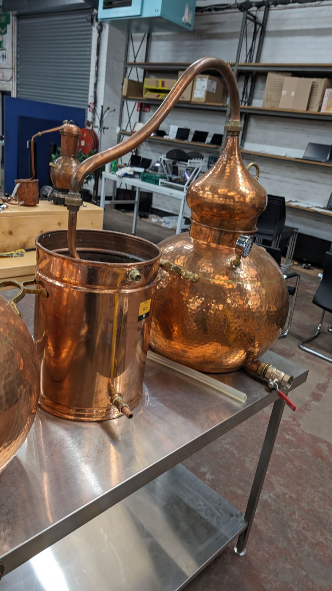 Copper Still with pipework and condenser. Including pressure gauge. Still understood to be 60L cap - Image 7 of 11