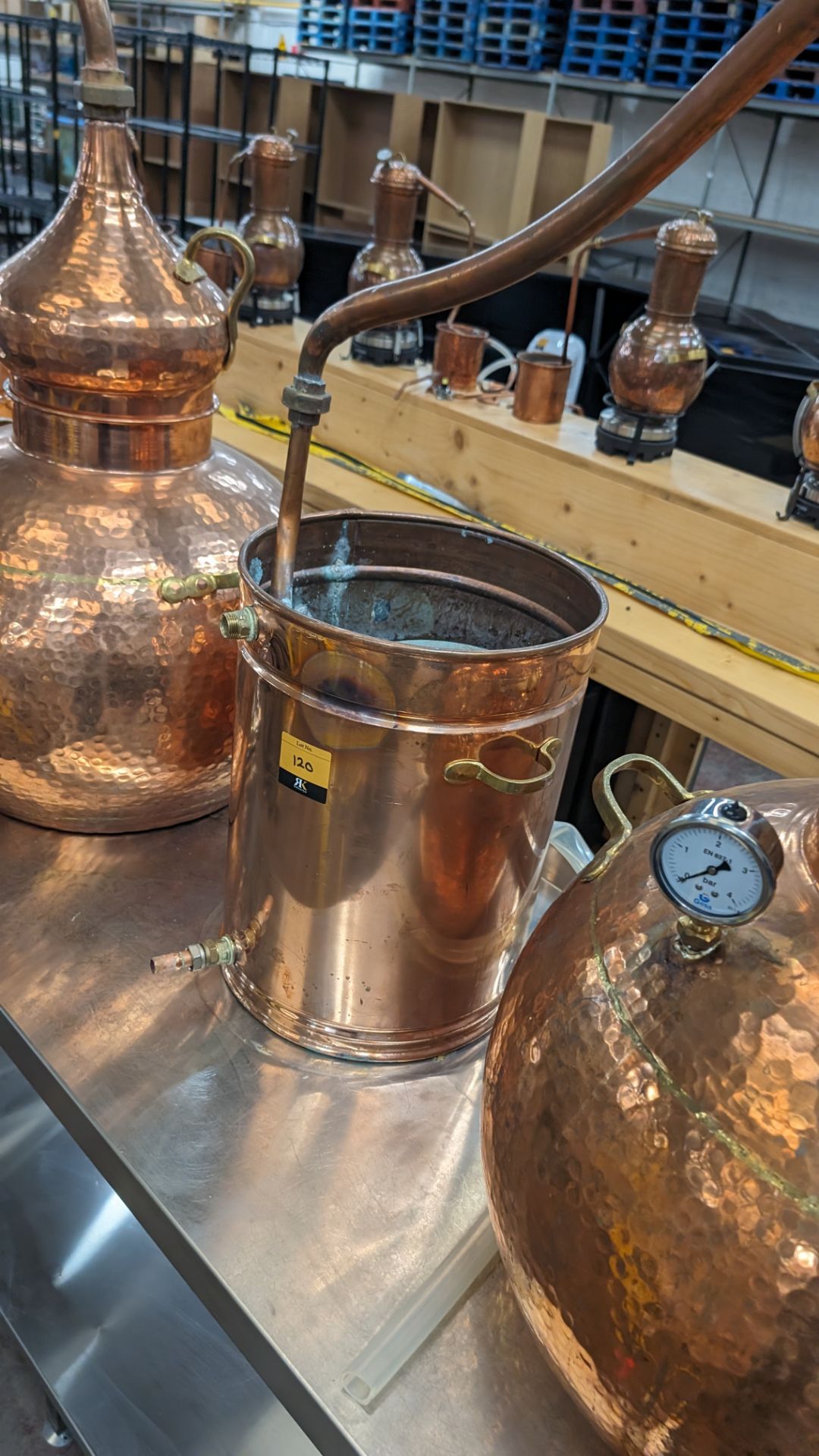 Copper Still with pipework and condenser. Including pressure gauge. Still understood to be 60L cap - Image 4 of 11