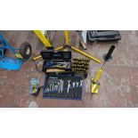 Mixed tool lot comprising shrink wrap applicator, Stanley screwdriver set, 15-piece wrench set, mini