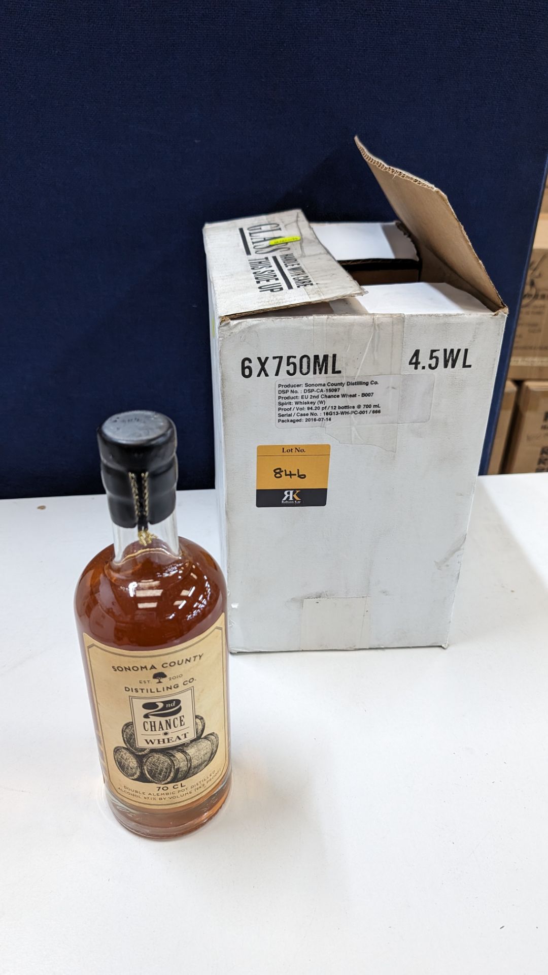 6 off 700ml bottles of Sonoma County 2nd Chance Wheat Double Alembic Pot Distilled Whiskey. In white