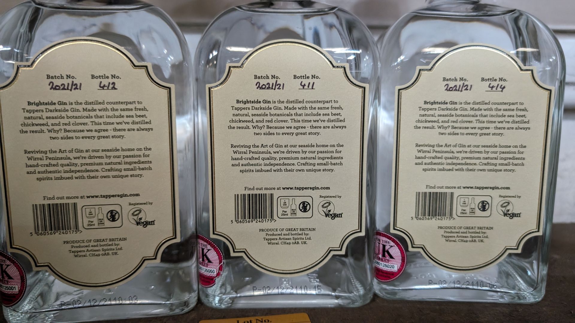 3 off 700ml bottles of Tappers 47% ABV Brightside Coastal London Dry Gin. Individually numbered bot - Image 4 of 4