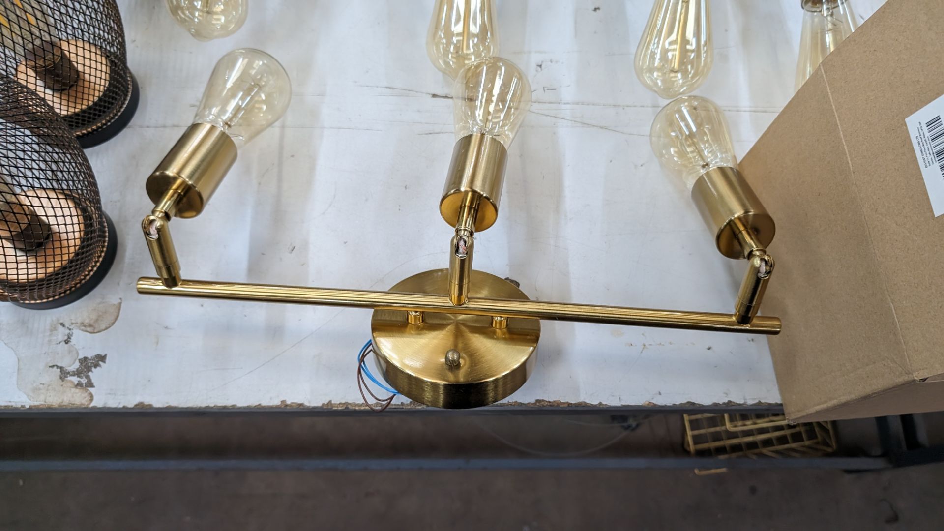 6 off triple bulb brass coloured wall lights, plus box with 5 off spare bulbs for use with same - Image 8 of 9