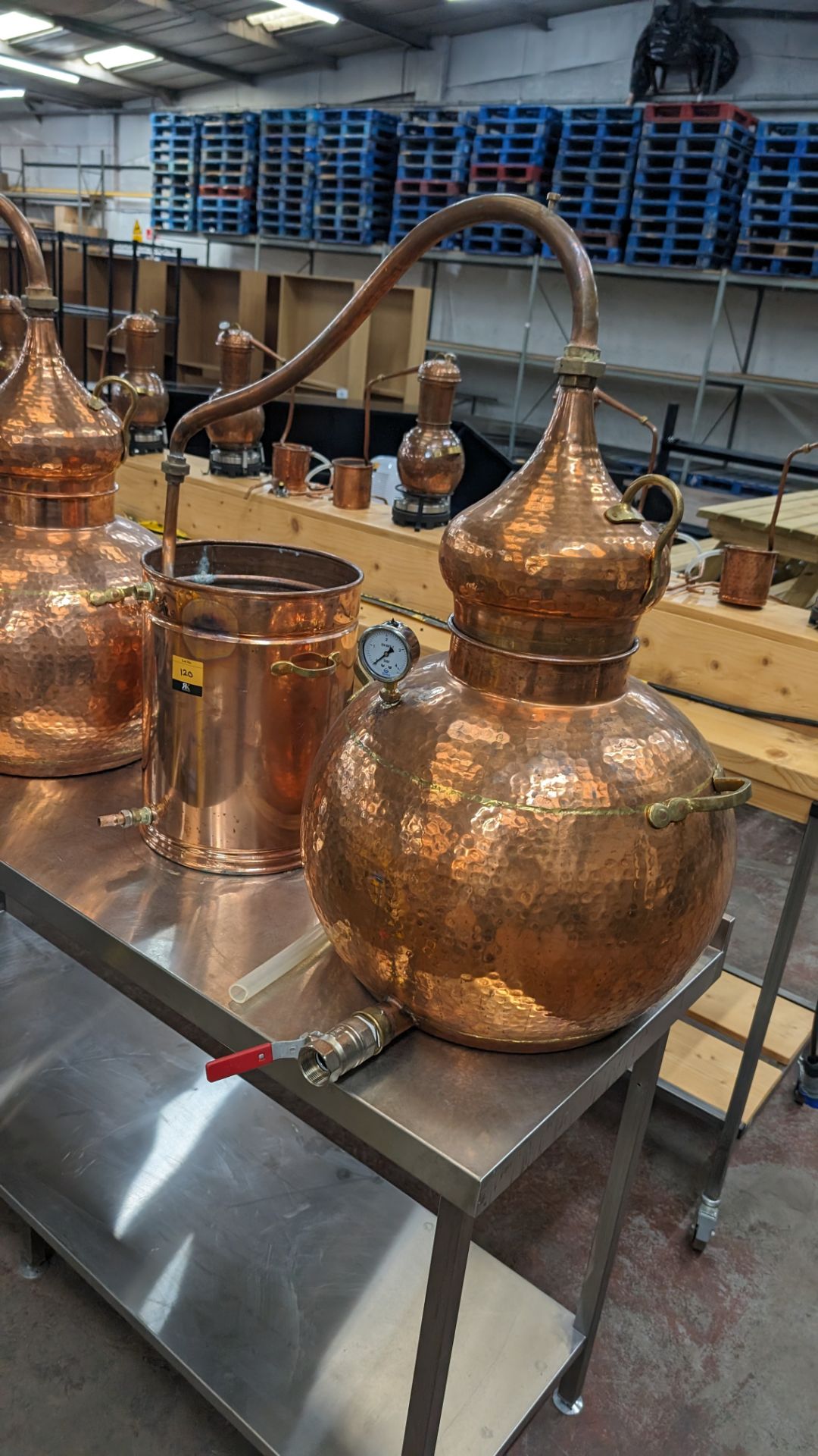 Copper Still with pipework and condenser. Including pressure gauge. Still understood to be 60L cap - Image 2 of 11