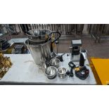 Mixed lot comprising Rotato press, ice crusher, small bowls, funnels, scoop, buckets and more