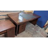 Mohagany desk with insert to top and slim central drawer, plus matching mobile pedestal including ke