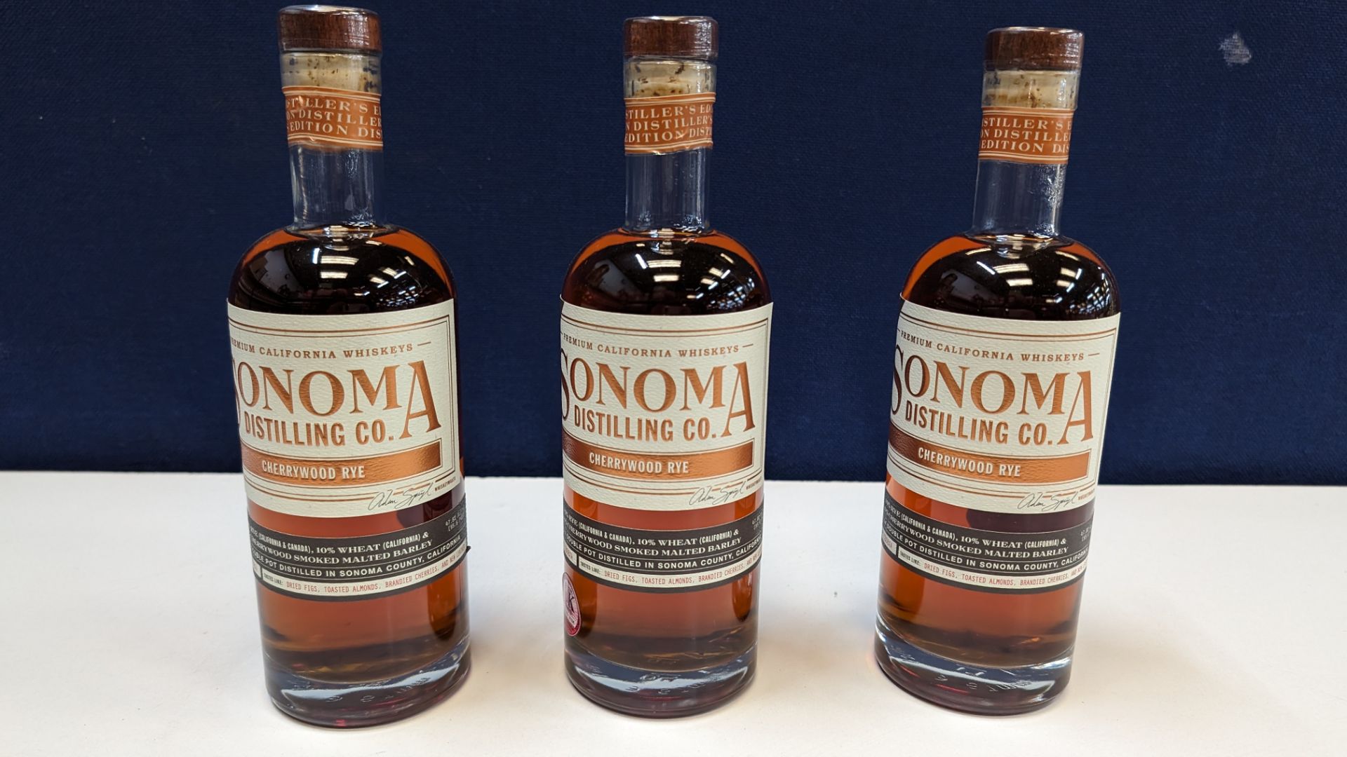 3 off 700ml bottles of Sonoma Cherrywood Rye Whiskey. 47.8% alc/vol (95.6 proof). Distilled and bo