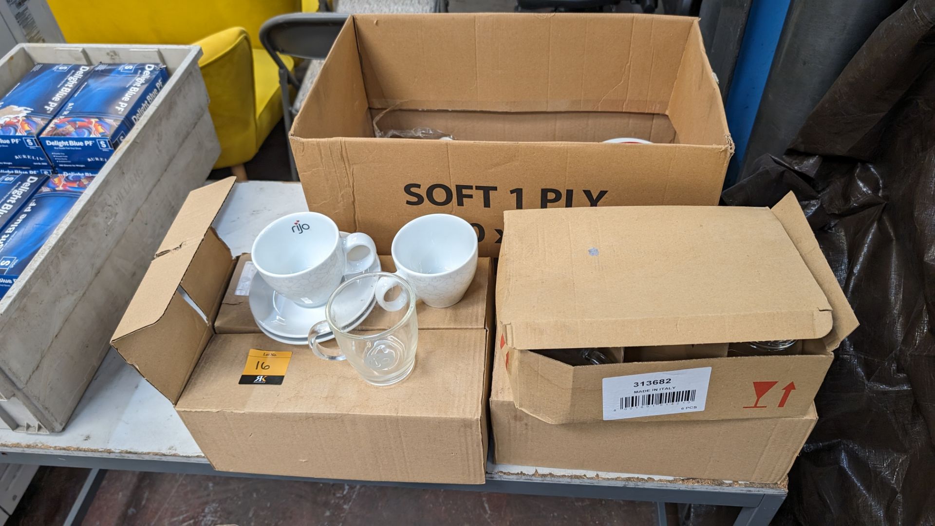 Quantity of Rijo and other cups and saucers in a total of 4 cardboard boxes