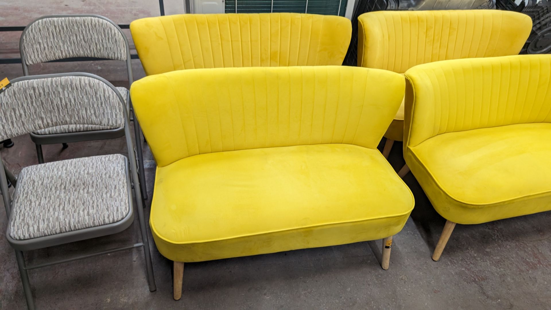 Pair of mustard yellow velour two-person small sofas, each measuring approximately 1120mm wide - Image 2 of 6