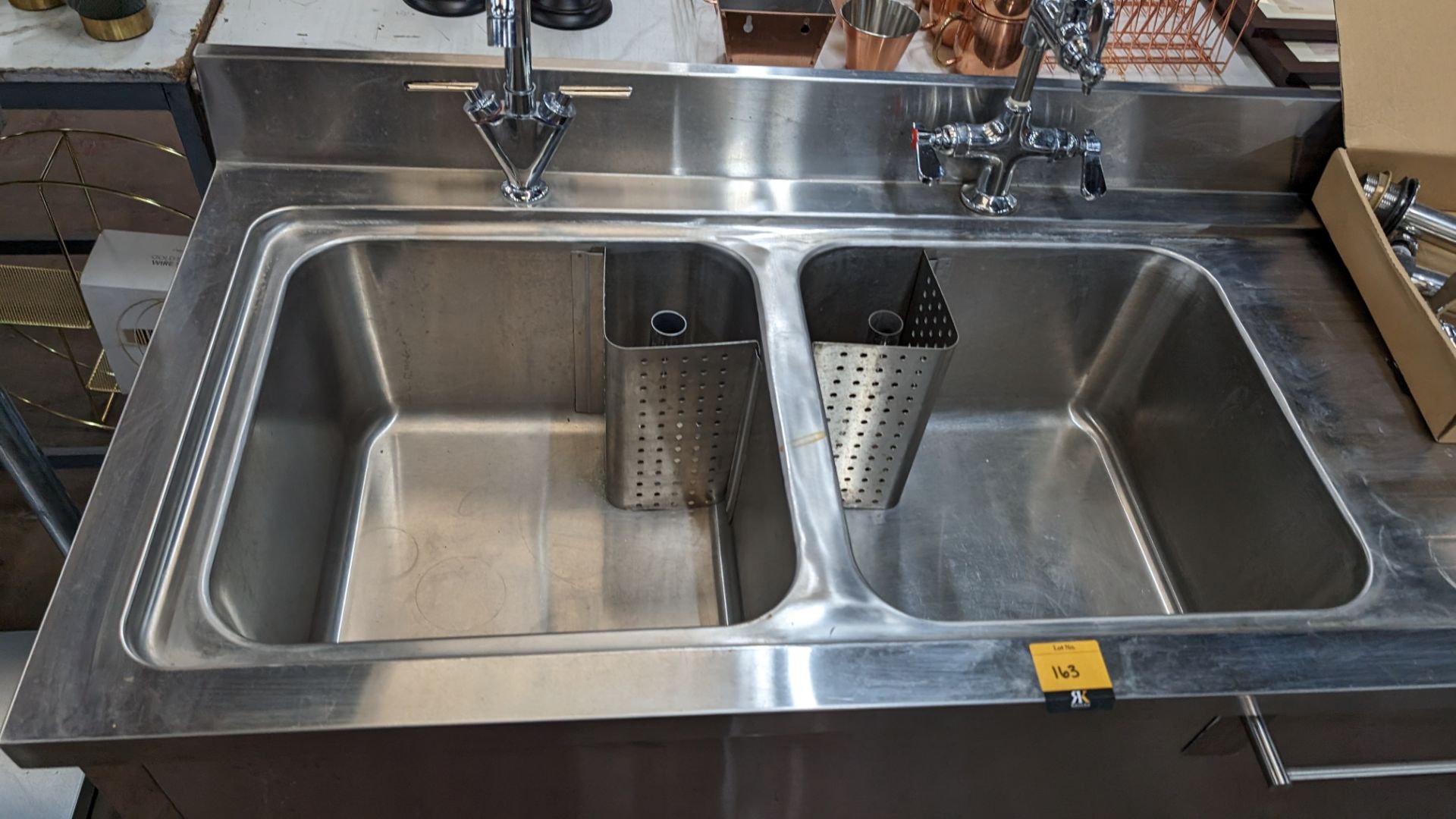 Stainless steel floor standing twin bowl sink arrangement including Monoblock pre-rinse tap system a - Image 8 of 11