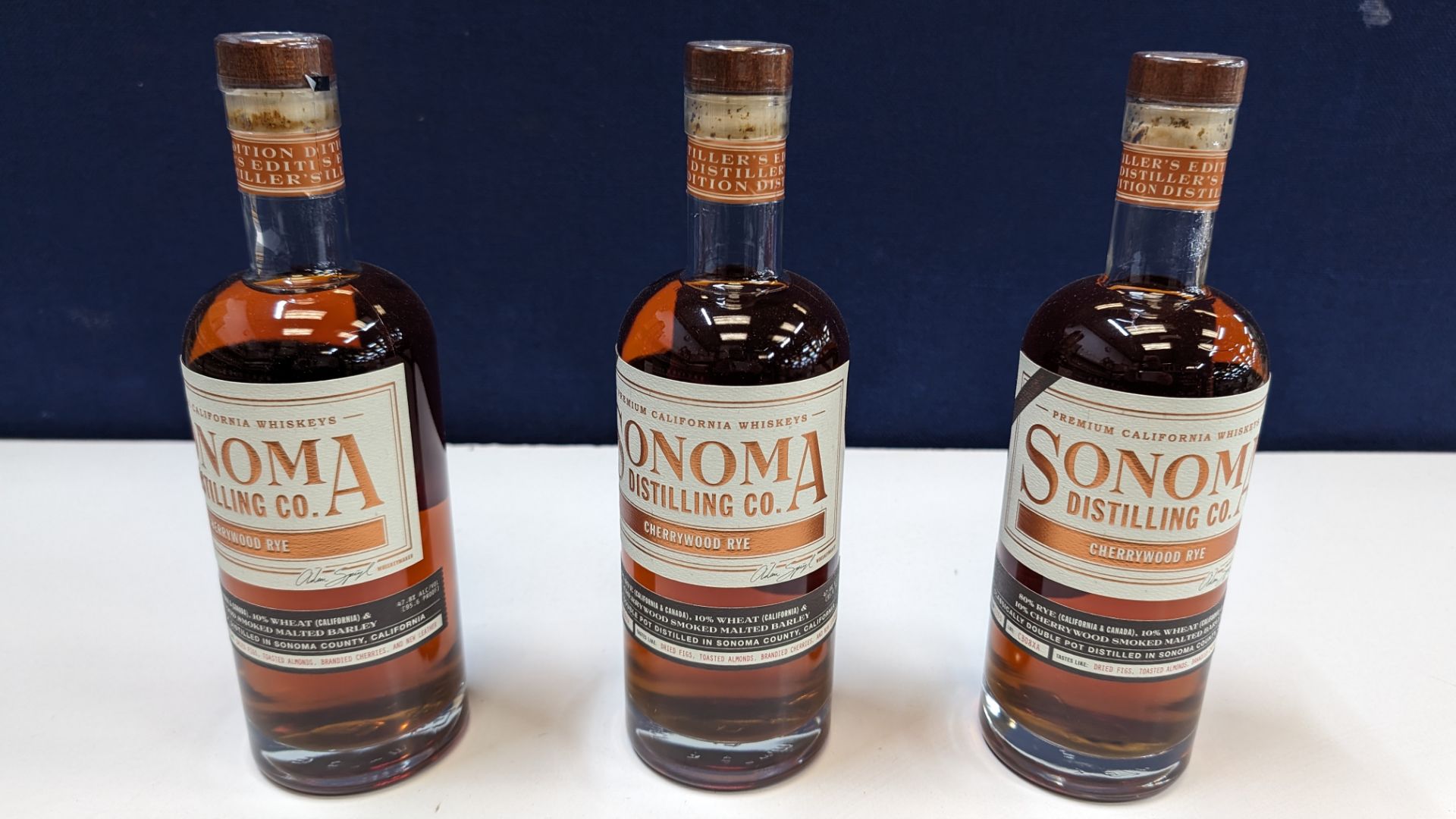 3 off 700ml bottles of Sonoma Cherrywood Rye Whiskey. 47.8% alc/vol (95.6 proof). Distilled and bo