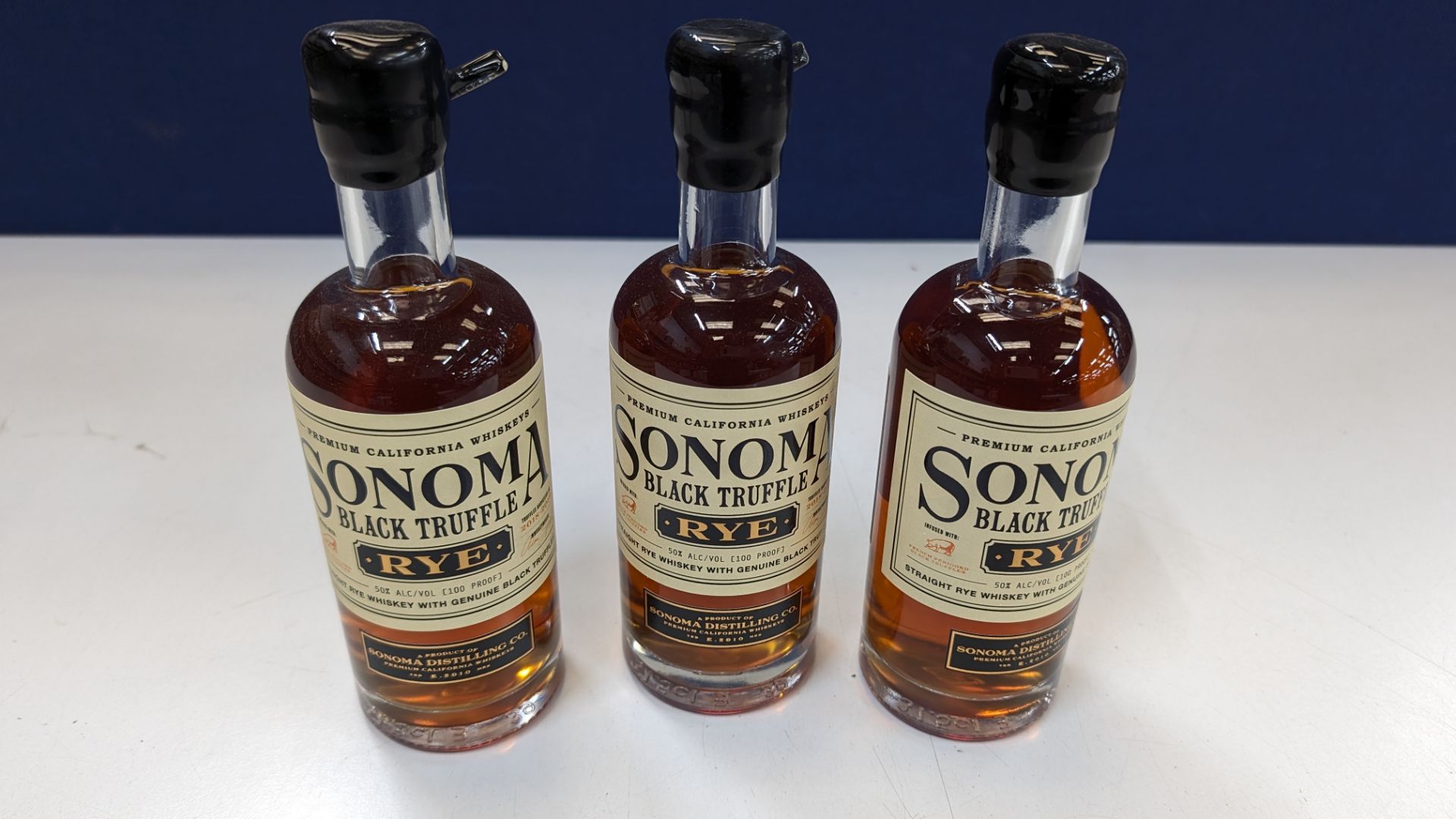 3 off 375ml bottles of Sonoma Black Truffle Rye Whiskey. 50% alc/vol (100 proof). Straight rye whi