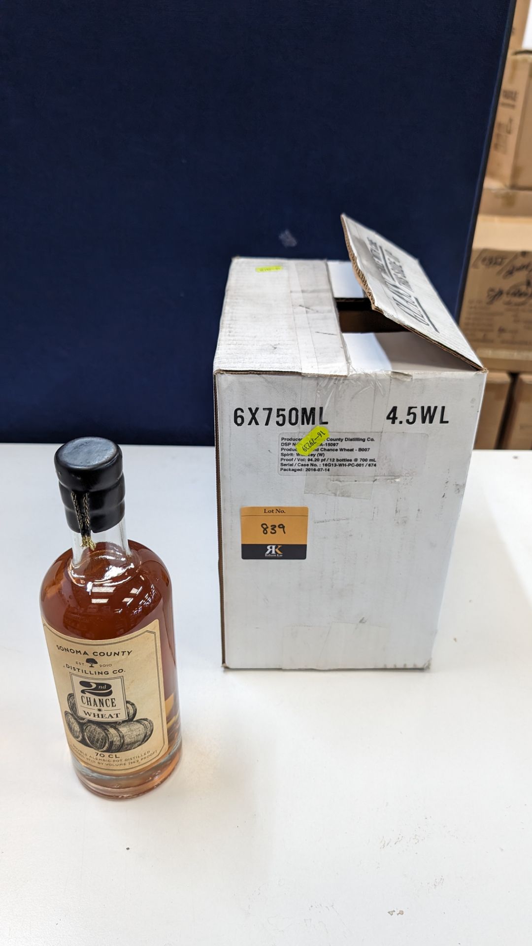 6 off 700ml bottles of Sonoma County 2nd Chance Wheat Double Alembic Pot Distilled Whiskey. In white
