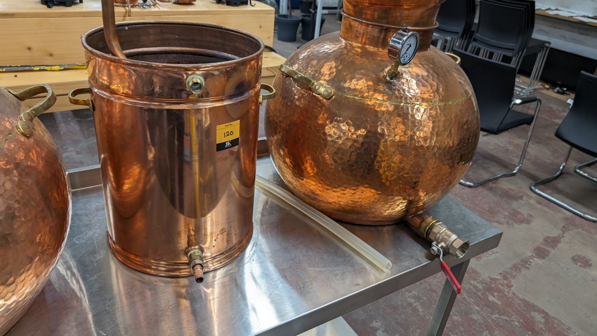 Copper Still with pipework and condenser. Including pressure gauge. Still understood to be 60L cap - Image 10 of 11