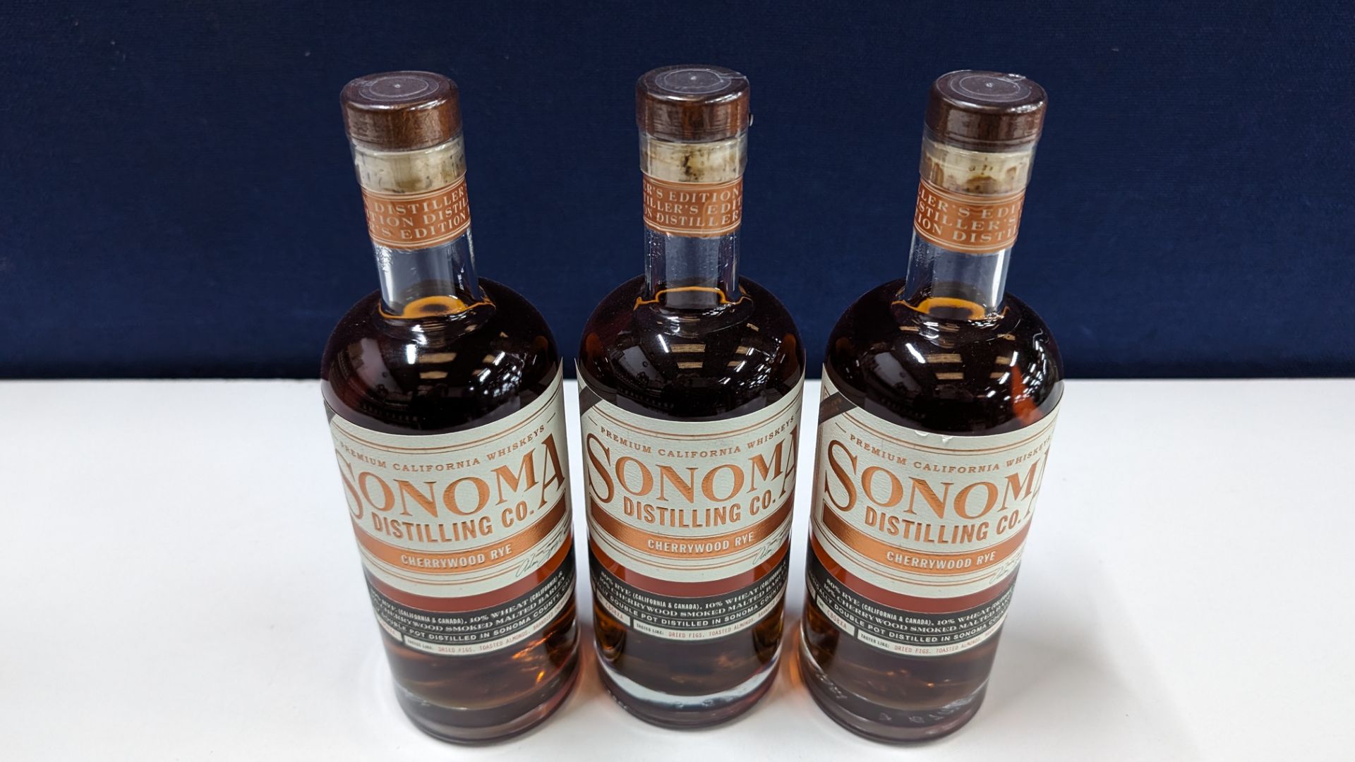 3 off 700ml bottles of Sonoma Cherrywood Rye Whiskey. 47.8% alc/vol (95.6 proof). Distilled and bo