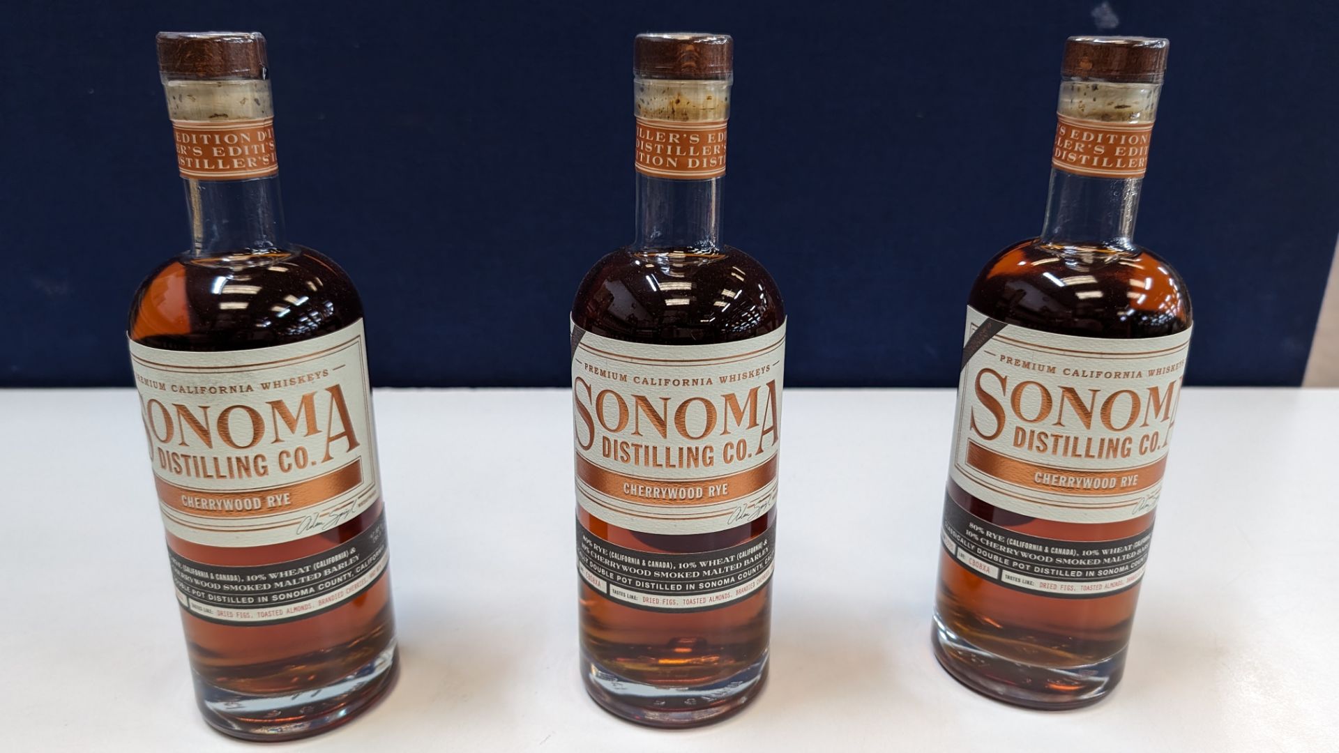 3 off 700ml bottles of Sonoma Cherrywood Rye Whiskey. 47.8% alc/vol (95.6 proof). Distilled and bo