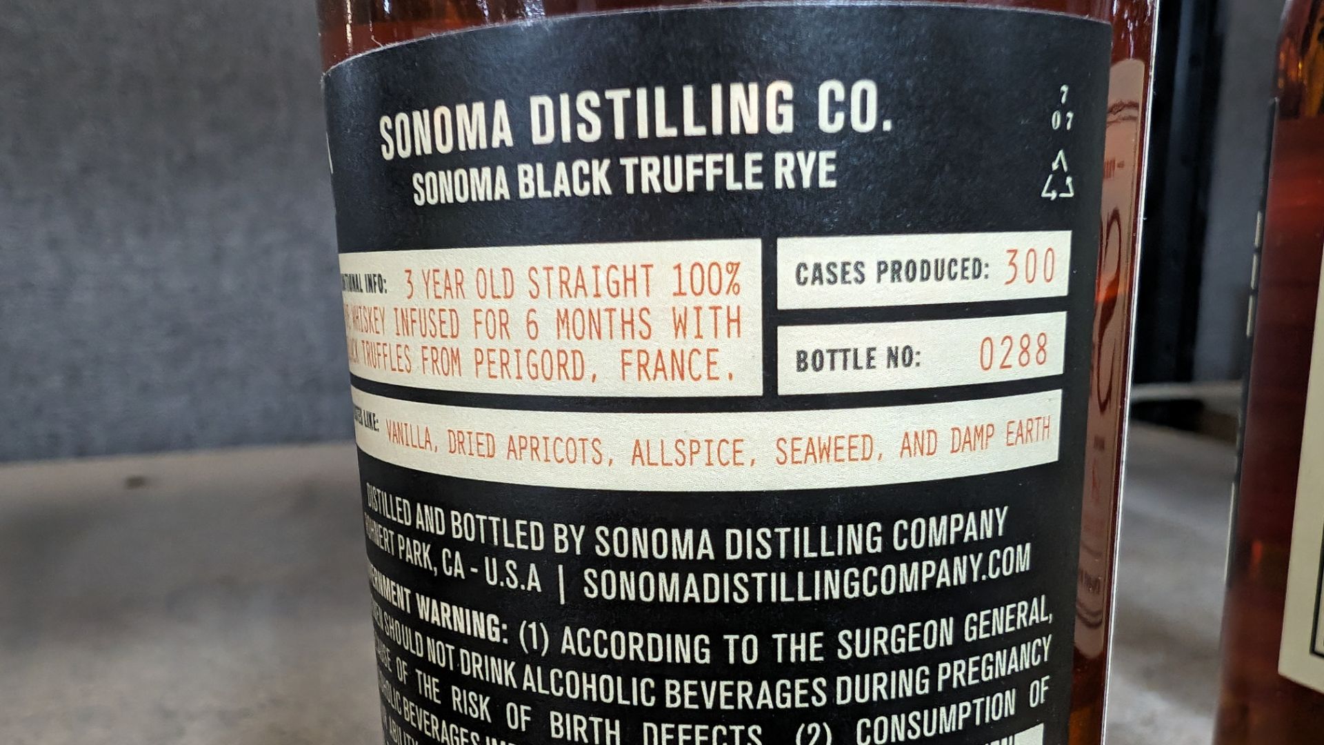 1 off 375ml bottle of Sonoma Black Truffle Rye Whiskey. 50% alc/vol (100 proof). Straight rye whis - Image 5 of 5