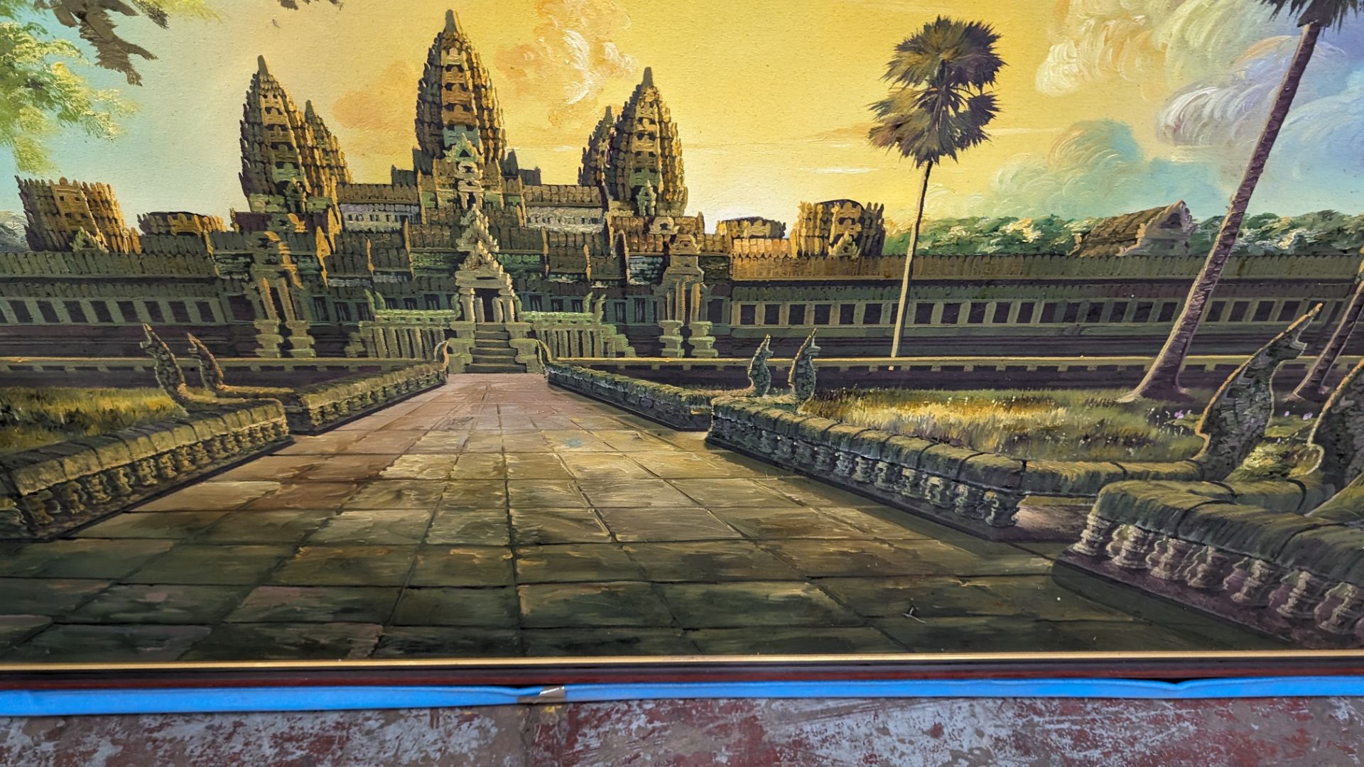 Large Cambodian oil painting of Angkor Wat, imported from Cambodia then stretched/framed in the UK. - Image 6 of 13