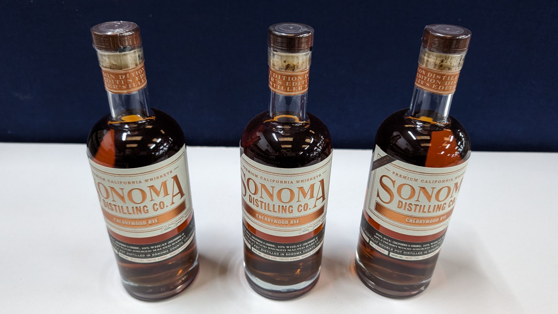 3 off 700ml bottles of Sonoma Cherrywood Rye Whiskey. 47.8% alc/vol (95.6 proof). Distilled and bo