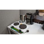 Mixed lot comprising kettle, coffee percolator, 5 off chopping boards and Caterlite twin ring electr