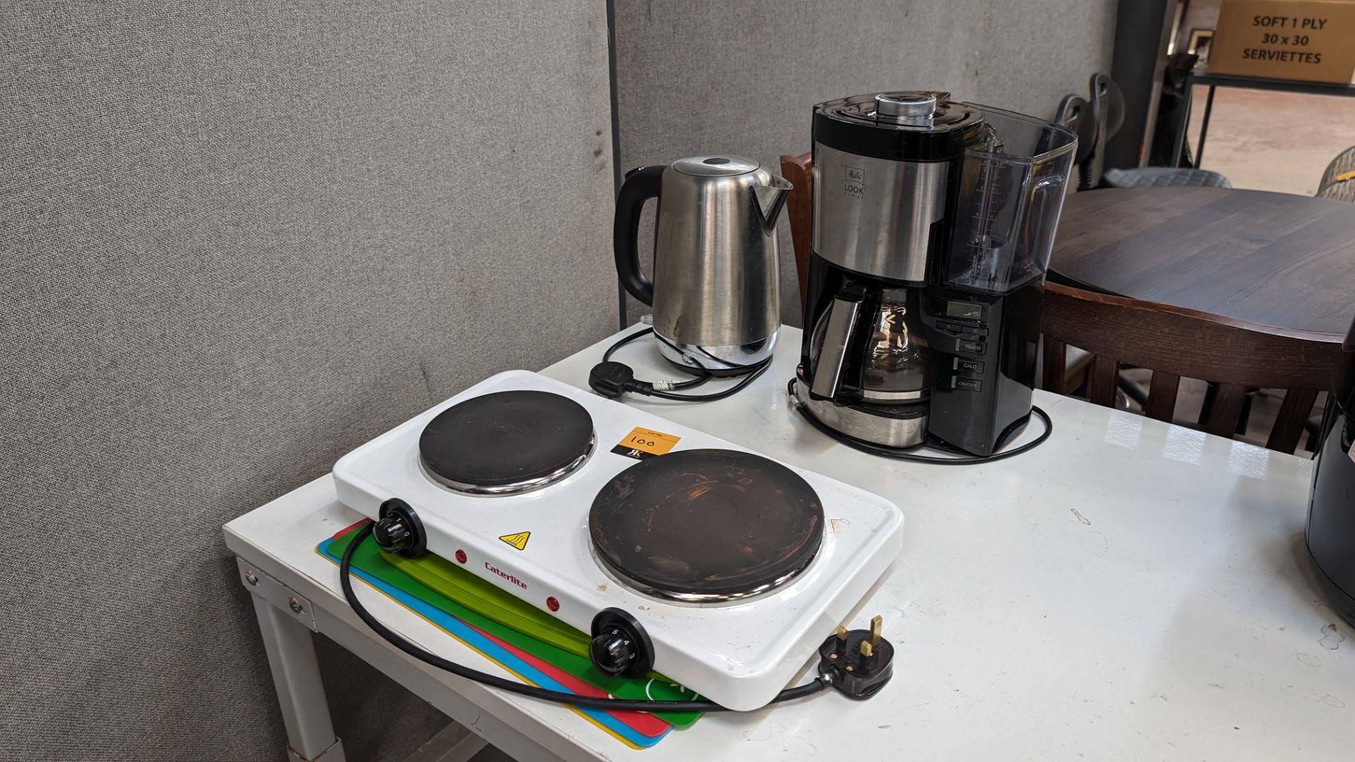 Mixed lot comprising kettle, coffee percolator, 5 off chopping boards and Caterlite twin ring electr