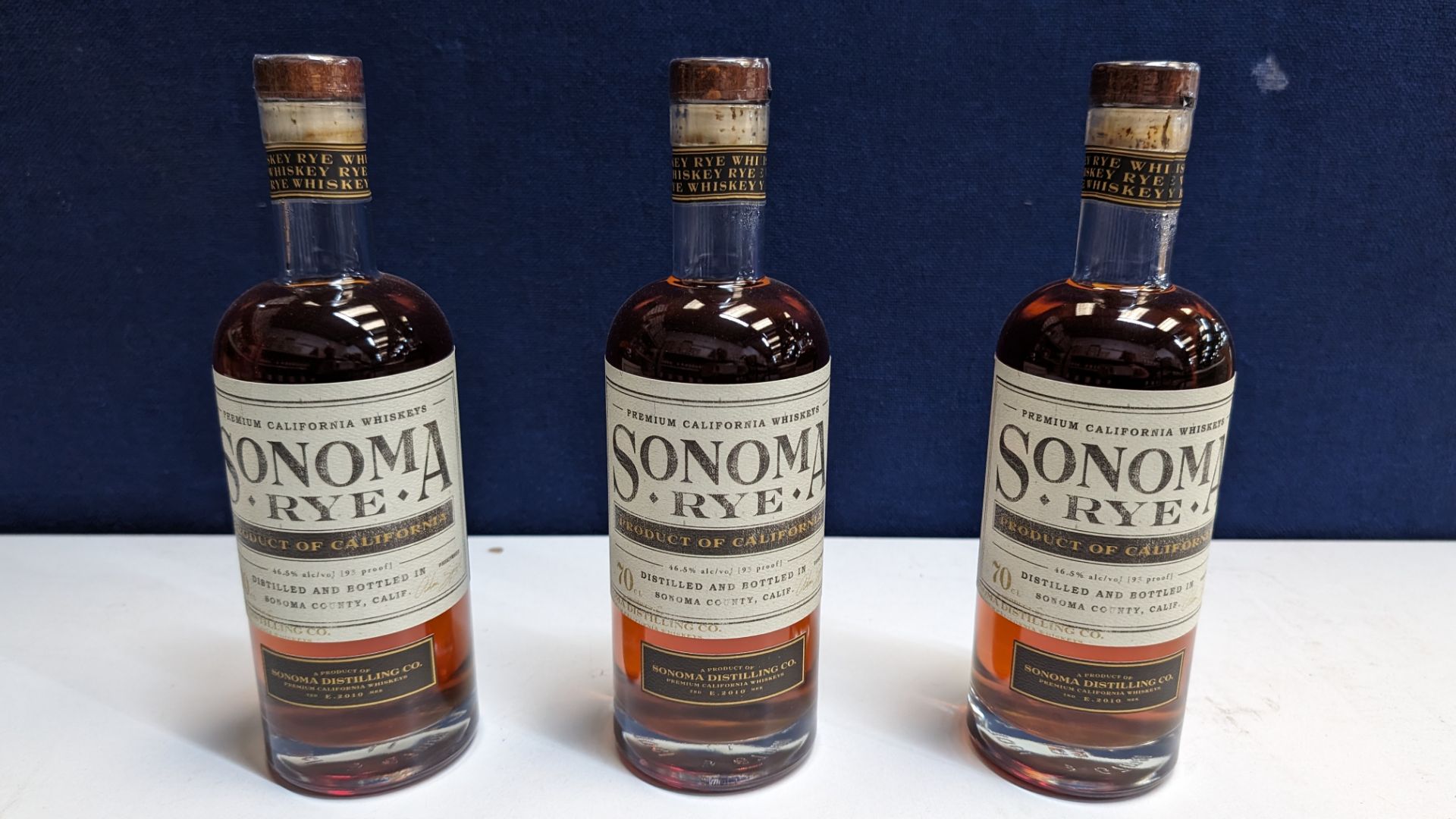 3 off 700ml bottles of Sonoma Rye Whiskey. 46.5% alc/vol (93 proof). Distilled and bottled in Sono