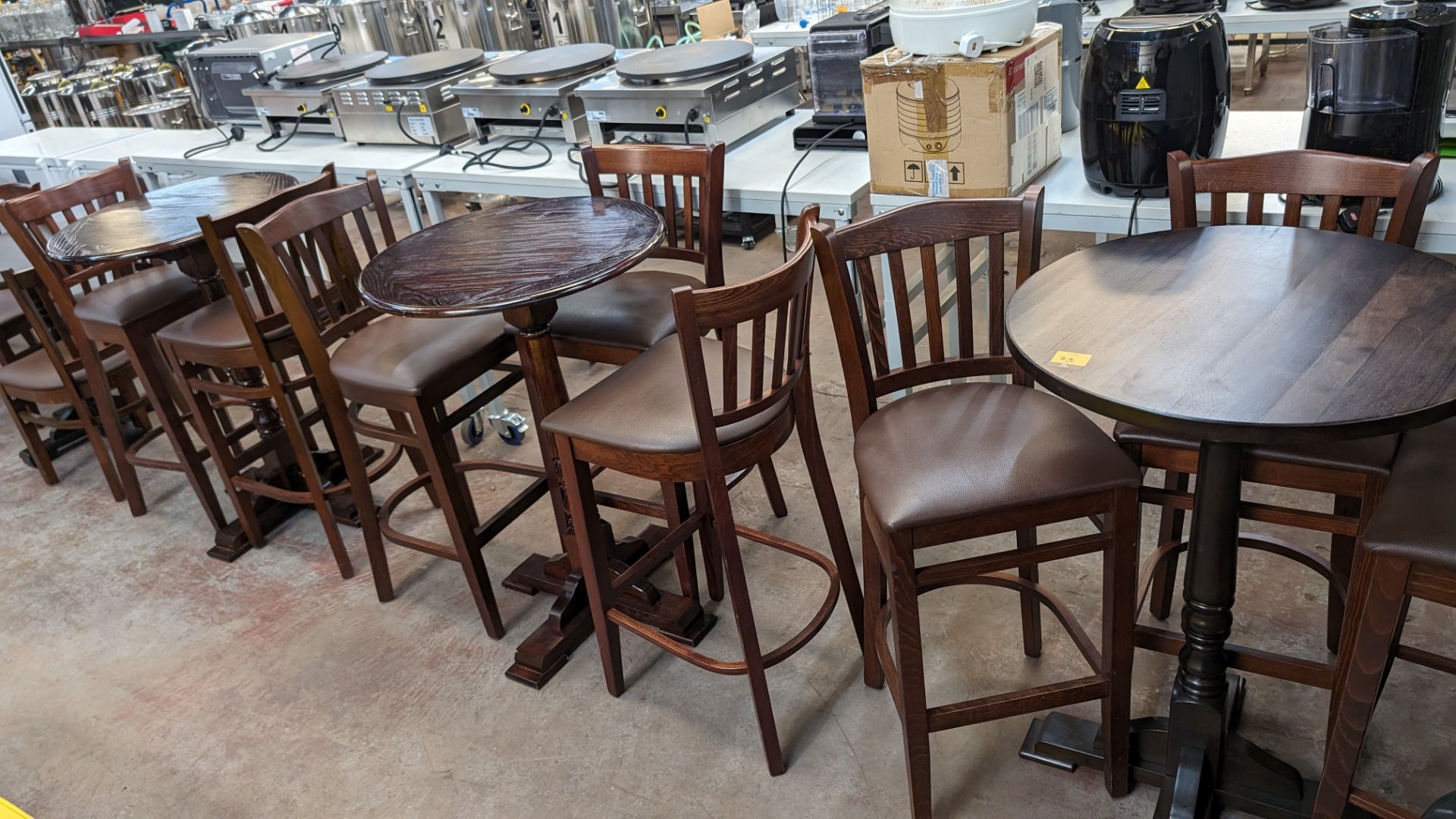 3 off tall single pedestal round bar tables (two different finishes)