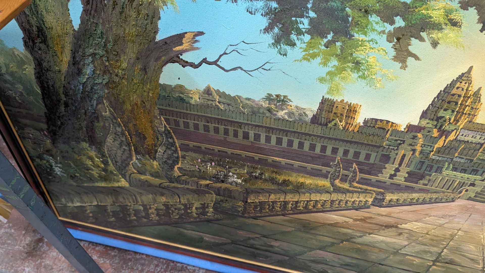Large Cambodian oil painting of Angkor Wat, imported from Cambodia then stretched/framed in the UK. - Image 5 of 13