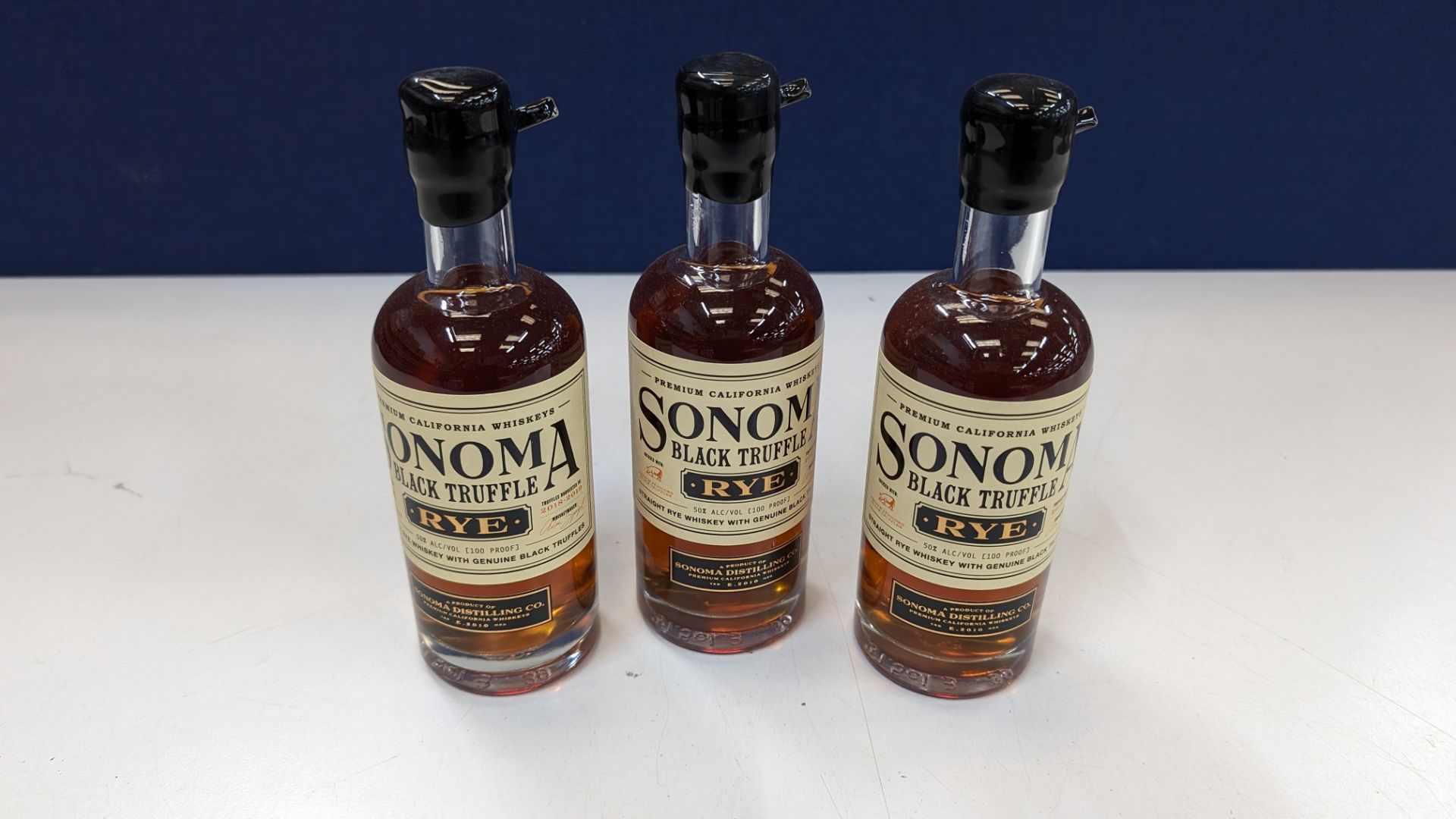 3 off 375ml bottles of Sonoma Black Truffle Rye Whiskey. 50% alc/vol (100 proof). Straight rye whi