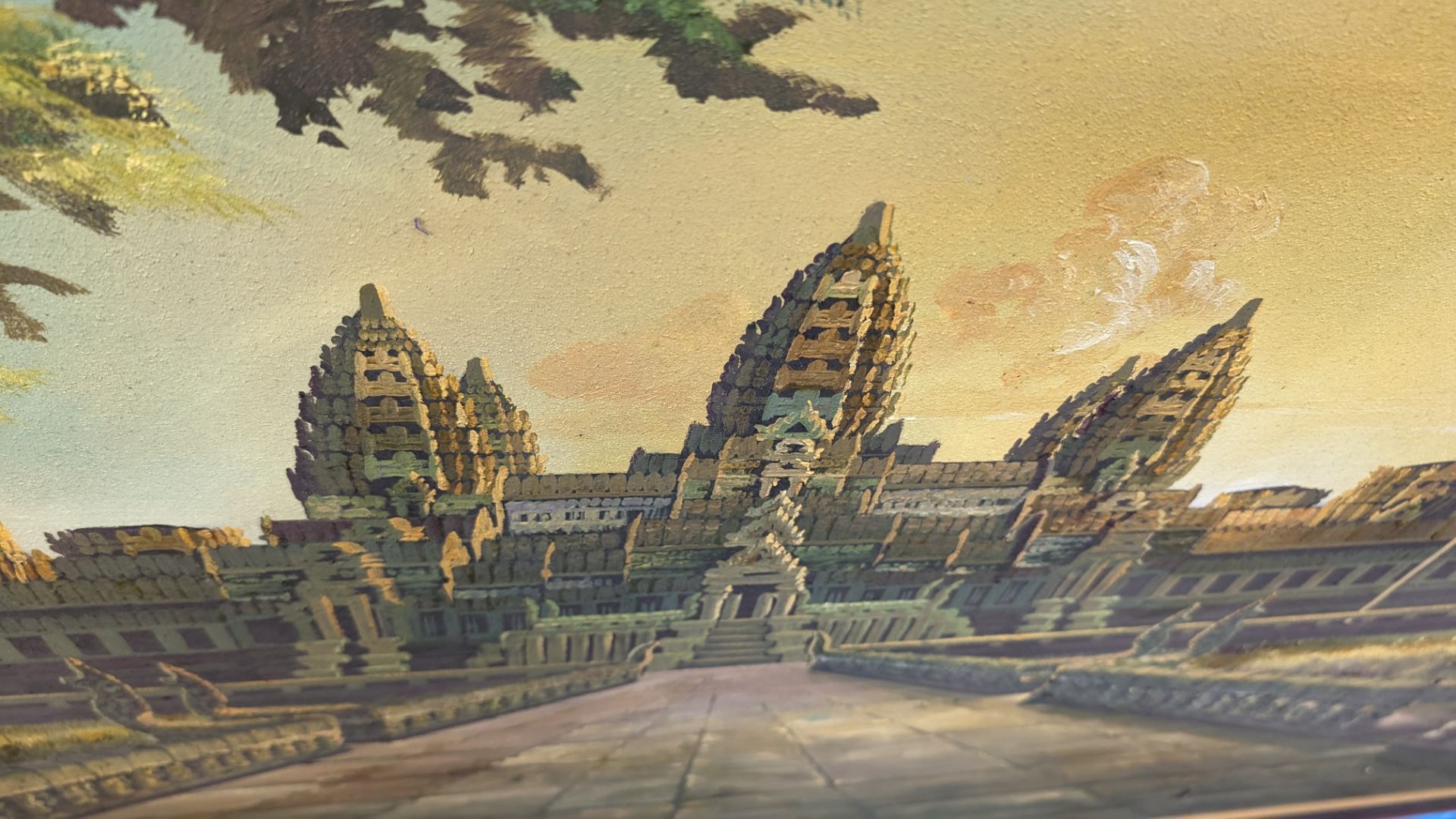 Large Cambodian oil painting of Angkor Wat, imported from Cambodia then stretched/framed in the UK. - Image 11 of 13