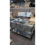 Stainless steel floor standing twin bowl sink arrangement including Monoblock pre-rinse tap system a