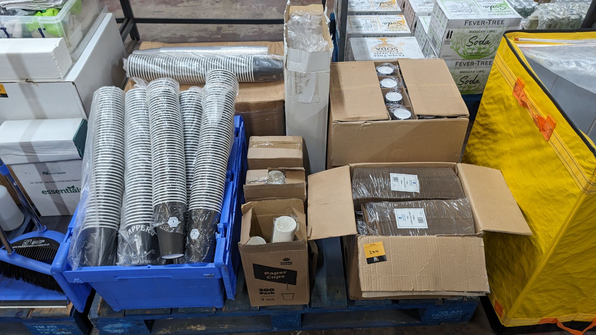 The contents of a pallet of paper cups (in assorted sizes) plus sleeves for same and a quantity of p