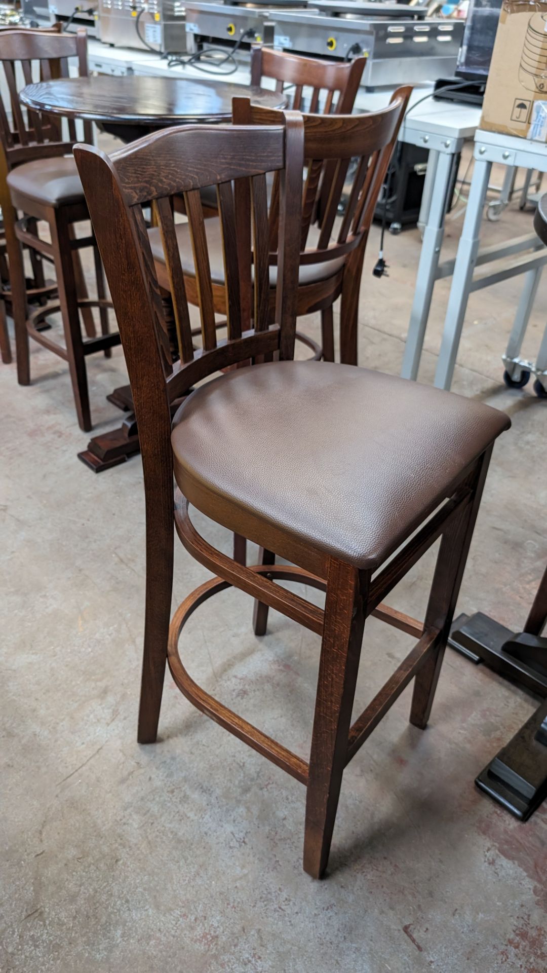 8 off matching high back wooden bar seats/stools with upholstered seat bases. NB: These high chairs - Image 2 of 4