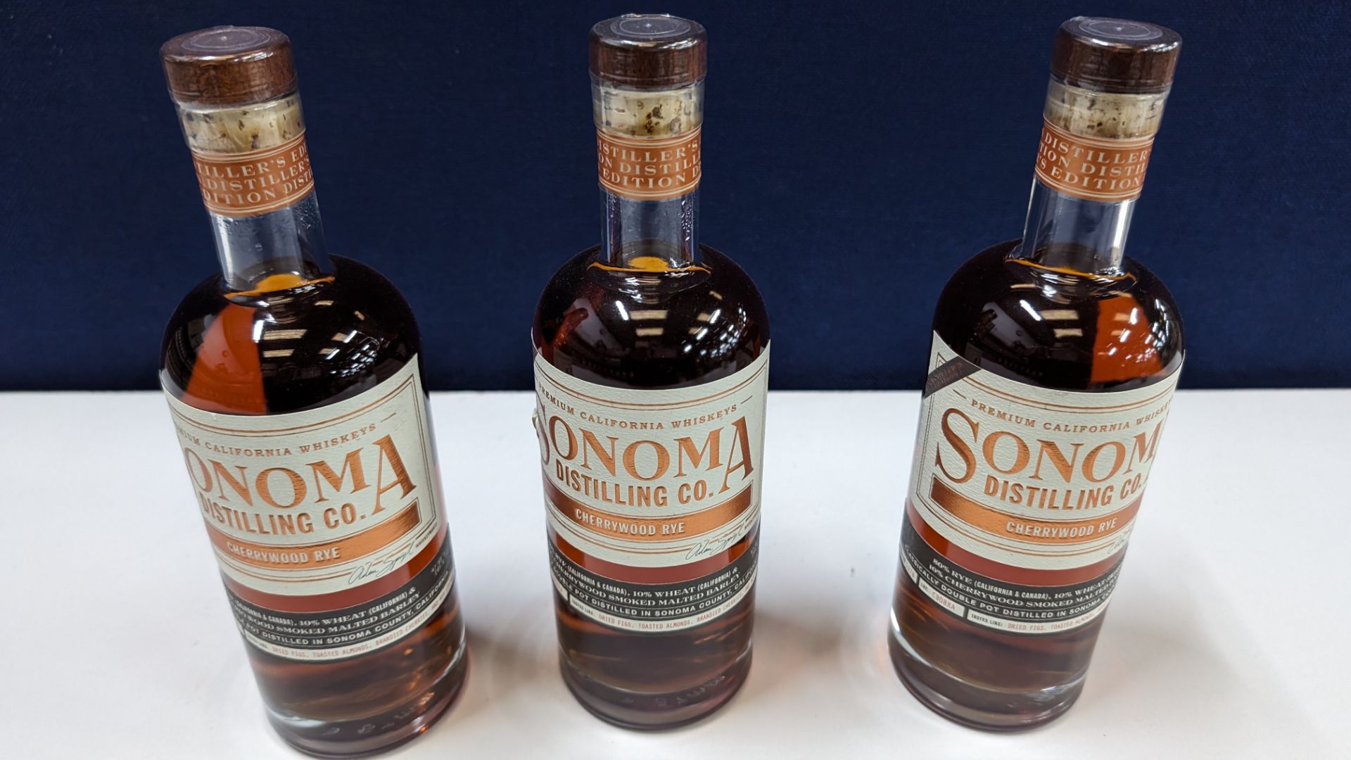 3 off 700ml bottles of Sonoma Cherrywood Rye Whiskey. 47.8% alc/vol (95.6 proof). Distilled and bo