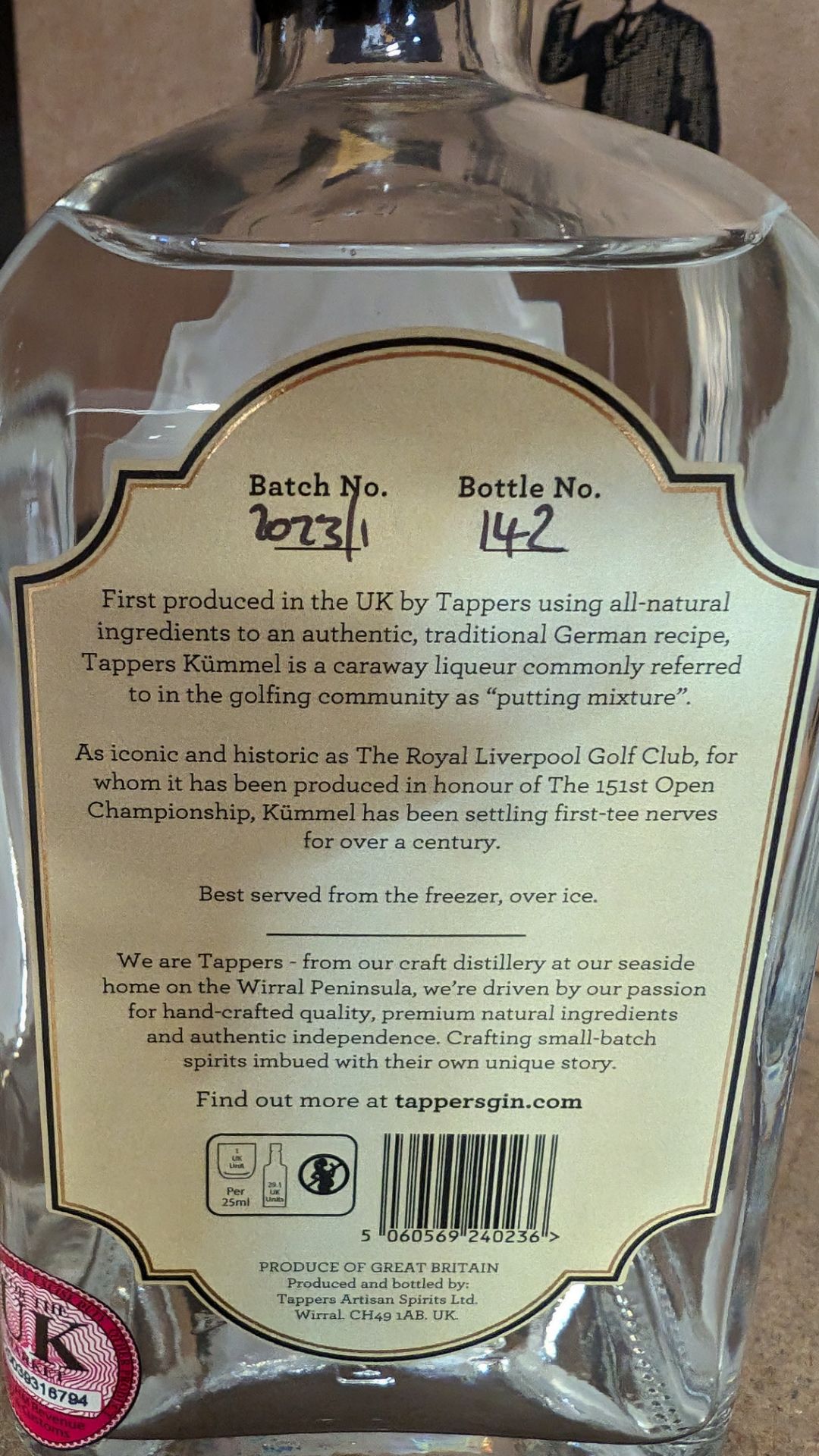 6 off 700ml bottles of Tappers Kümmel 40% ABV 'The Spirit of Hoylake', produced in honour of the 151 - Image 5 of 5