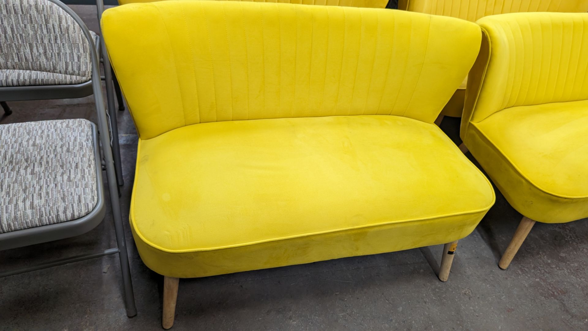 Pair of mustard yellow velour two-person small sofas, each measuring approximately 1120mm wide - Image 3 of 6