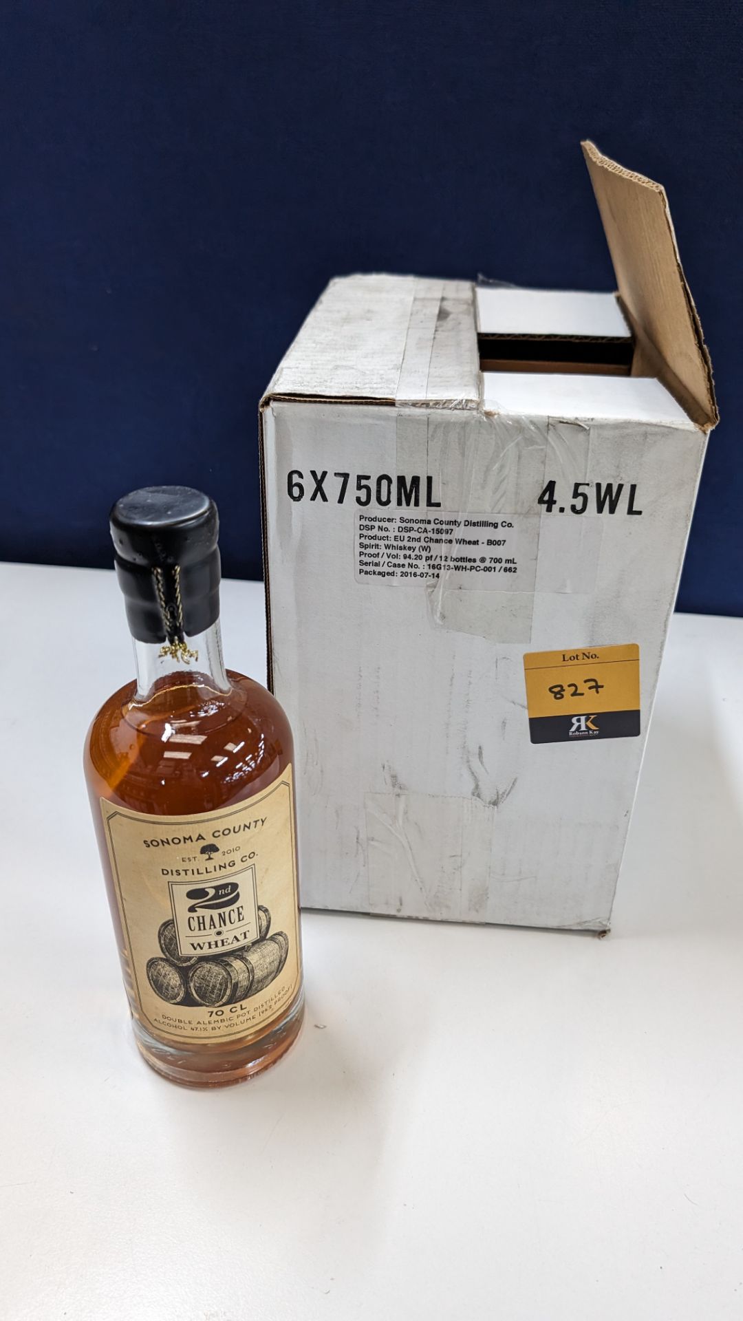 6 off 700ml bottles of Sonoma County 2nd Chance Wheat Double Alembic Pot Distilled Whiskey. In white