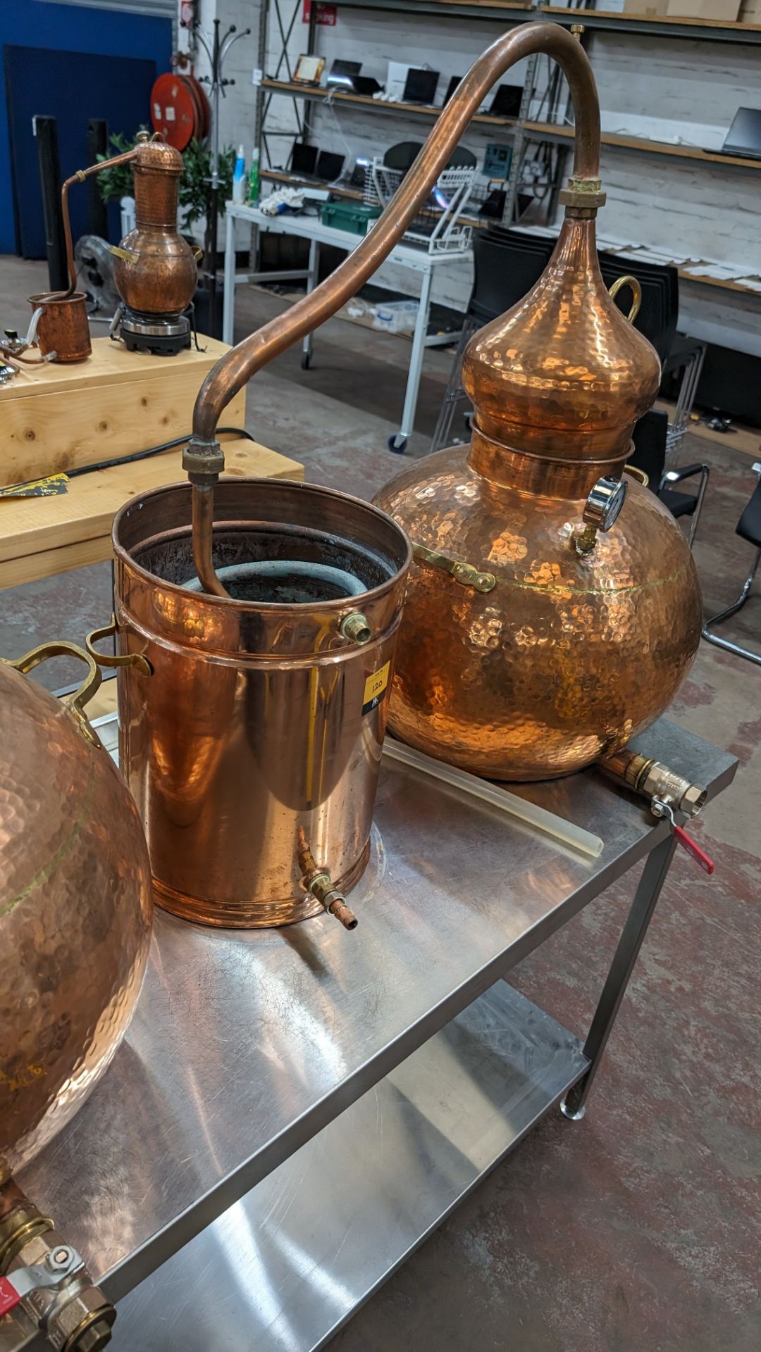 Copper Still with pipework and condenser. Including pressure gauge. Still understood to be 60L cap - Image 8 of 11