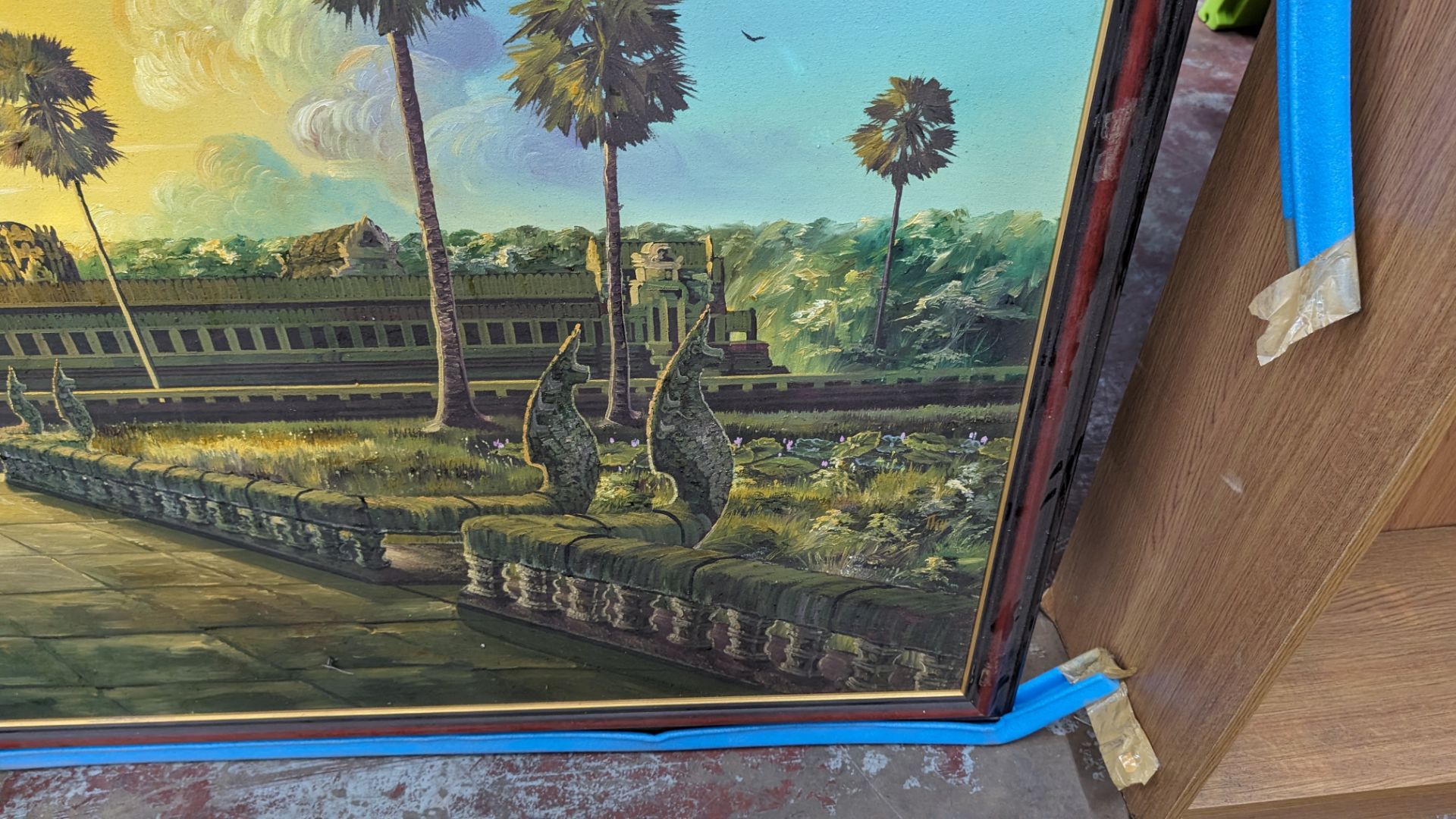 Large Cambodian oil painting of Angkor Wat, imported from Cambodia then stretched/framed in the UK. - Image 7 of 13