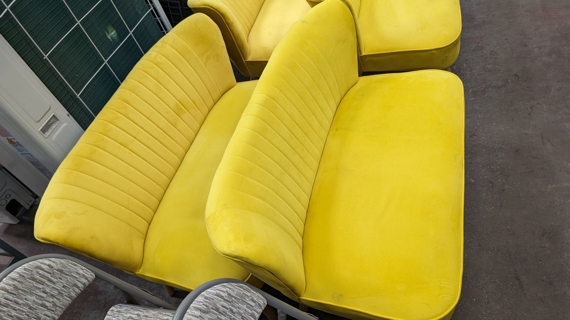 Pair of mustard yellow velour two-person small sofas, each measuring approximately 1120mm wide - Image 6 of 6