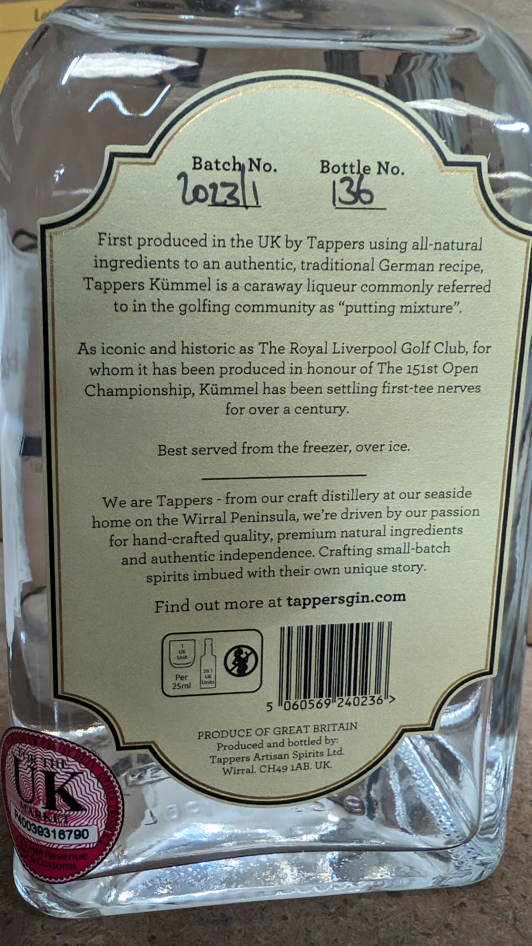 12 off 700ml bottles of Tappers Kümmel 40% ABV 'The Spirit of Hoylake', produced in honour of the 15 - Image 5 of 7