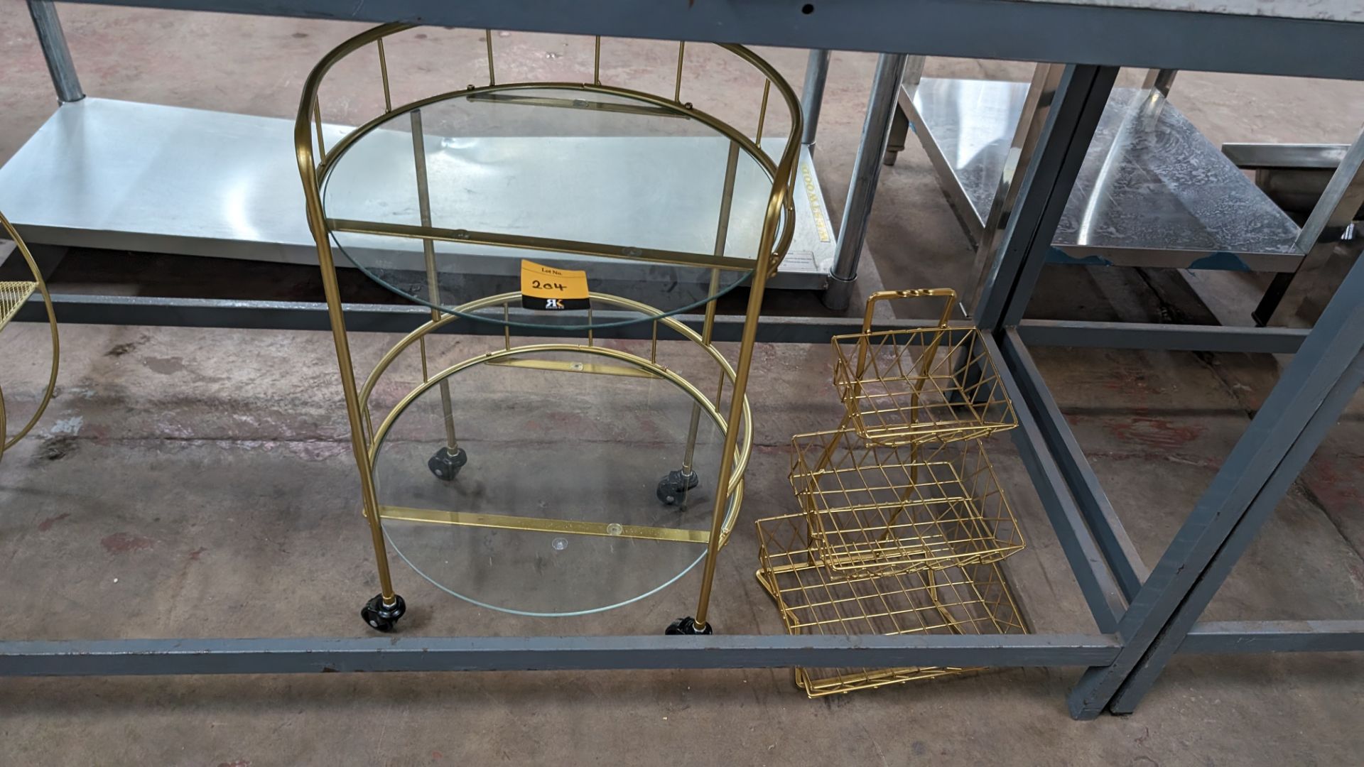Mixed lot comprising gilt trolley plus multi-tier display stand
