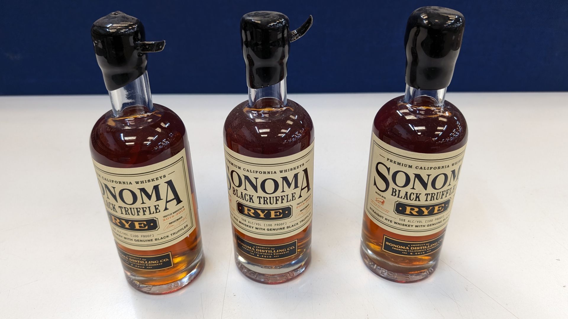 3 off 375ml bottles of Sonoma Black Truffle Rye Whiskey. 50% alc/vol (100 proof). Straight rye whi