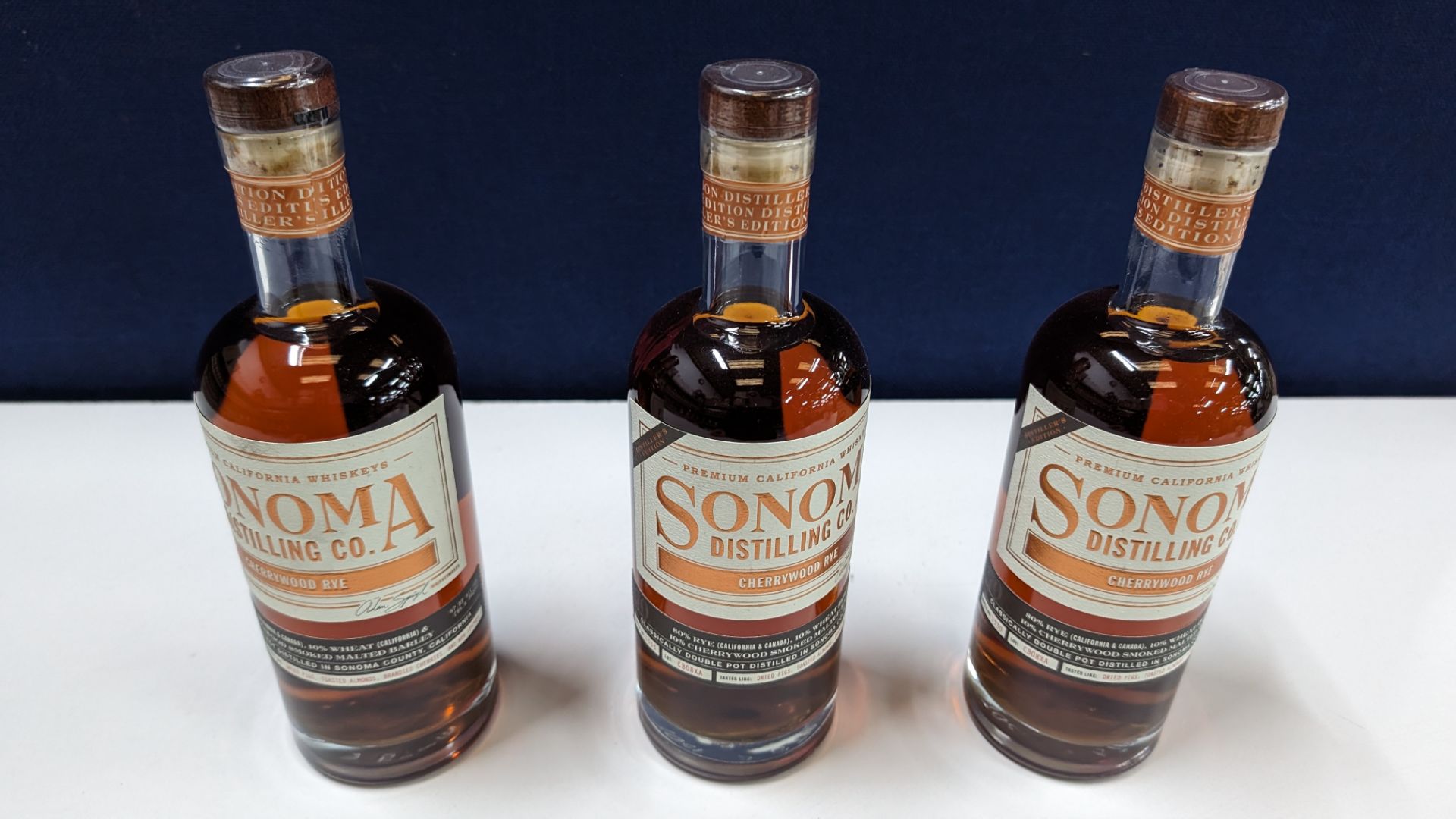 3 off 700ml bottles of Sonoma Cherrywood Rye Whiskey. 47.8% alc/vol (95.6 proof). Distilled and bo